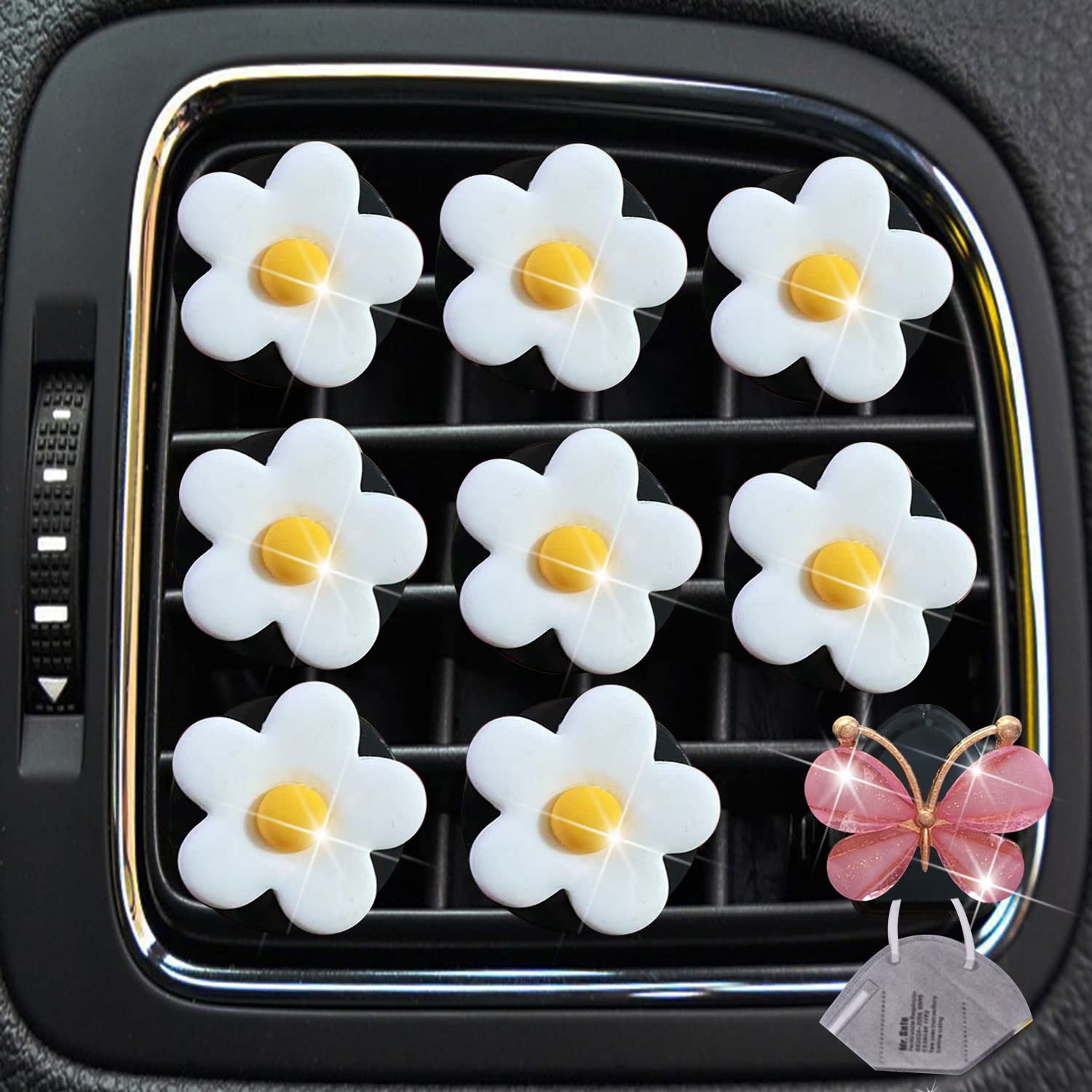 9 Pcs Daisy Air Vent Clips - Floral Car Air Freshener Vent Clips, Car Diffuser & Decor Accessories for Women (White) | Perfect for Freshening Your Car, Office, or Home