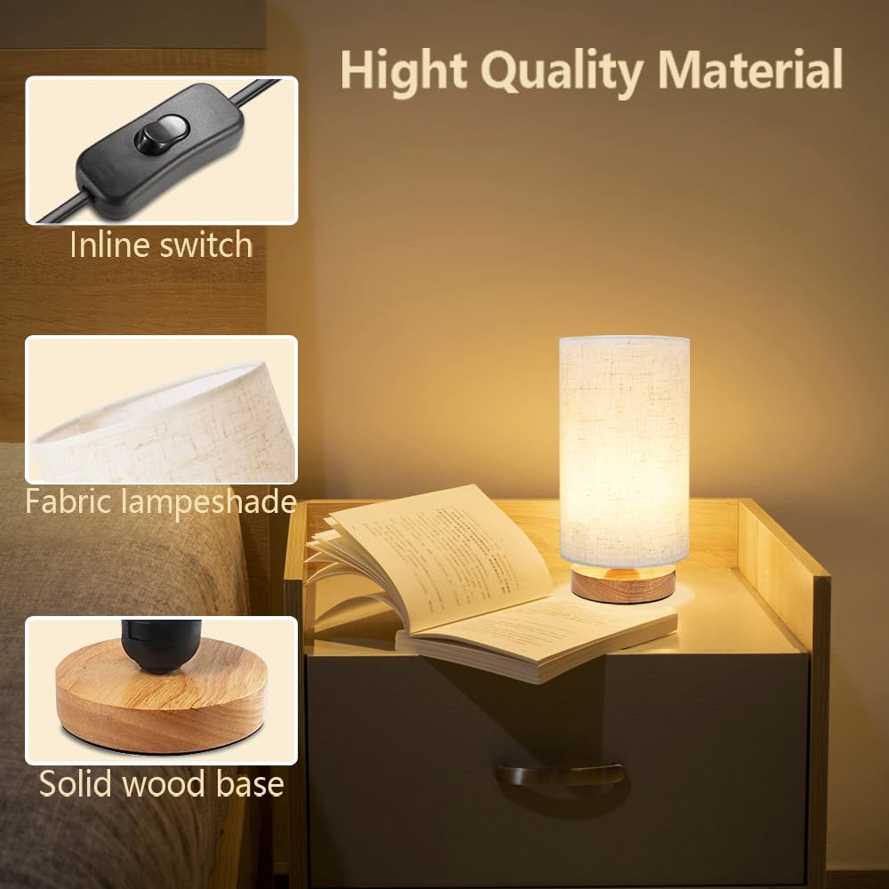 Minimalist Wood Base Round Fabric Shade Small Bedside Table Lamp - Warm White Cozy Nightstand Light for Bedroom, Study Desk, Dorm, Nursery & Living Room | Perfect for Reading, Relaxing & Creating Ambiance