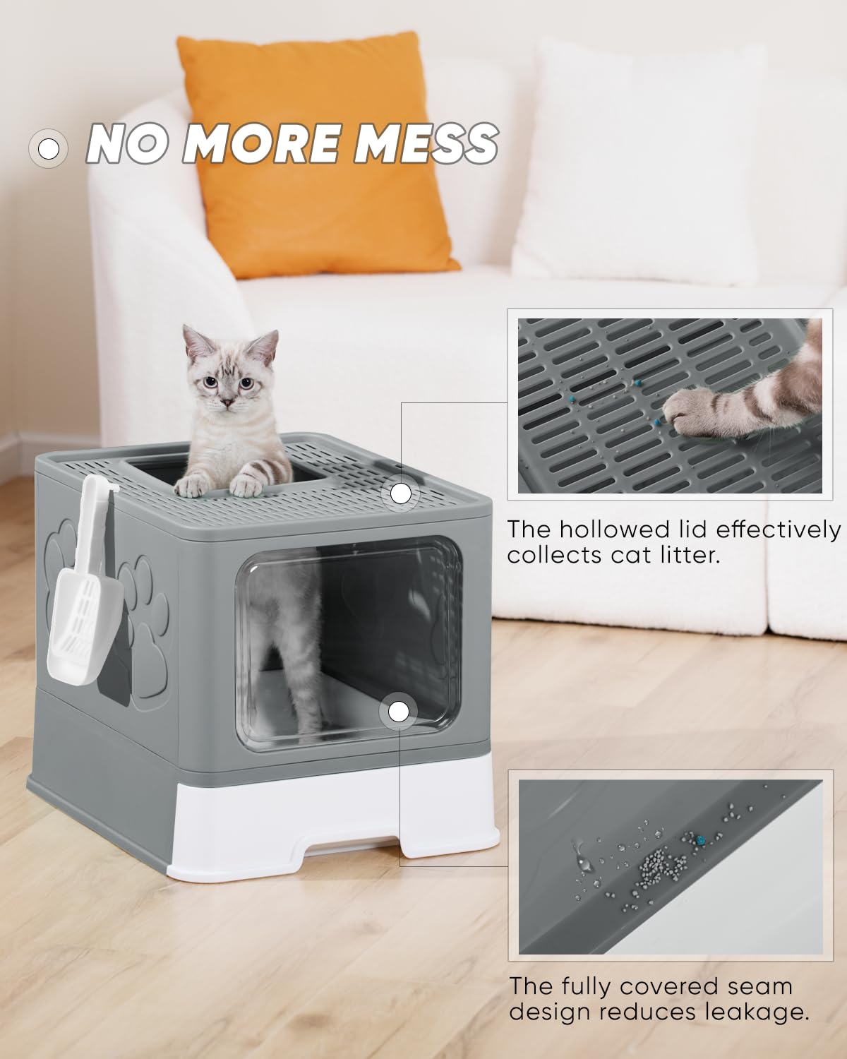 Enclosed Cat Litter Box for Large Cats - Odor Control Covered Kitty Litter Box with Lid & Scoop, Top Entry Design, Easy to Clean (Grey) - Perfect for Home, Apartment & Multi-Cat Households