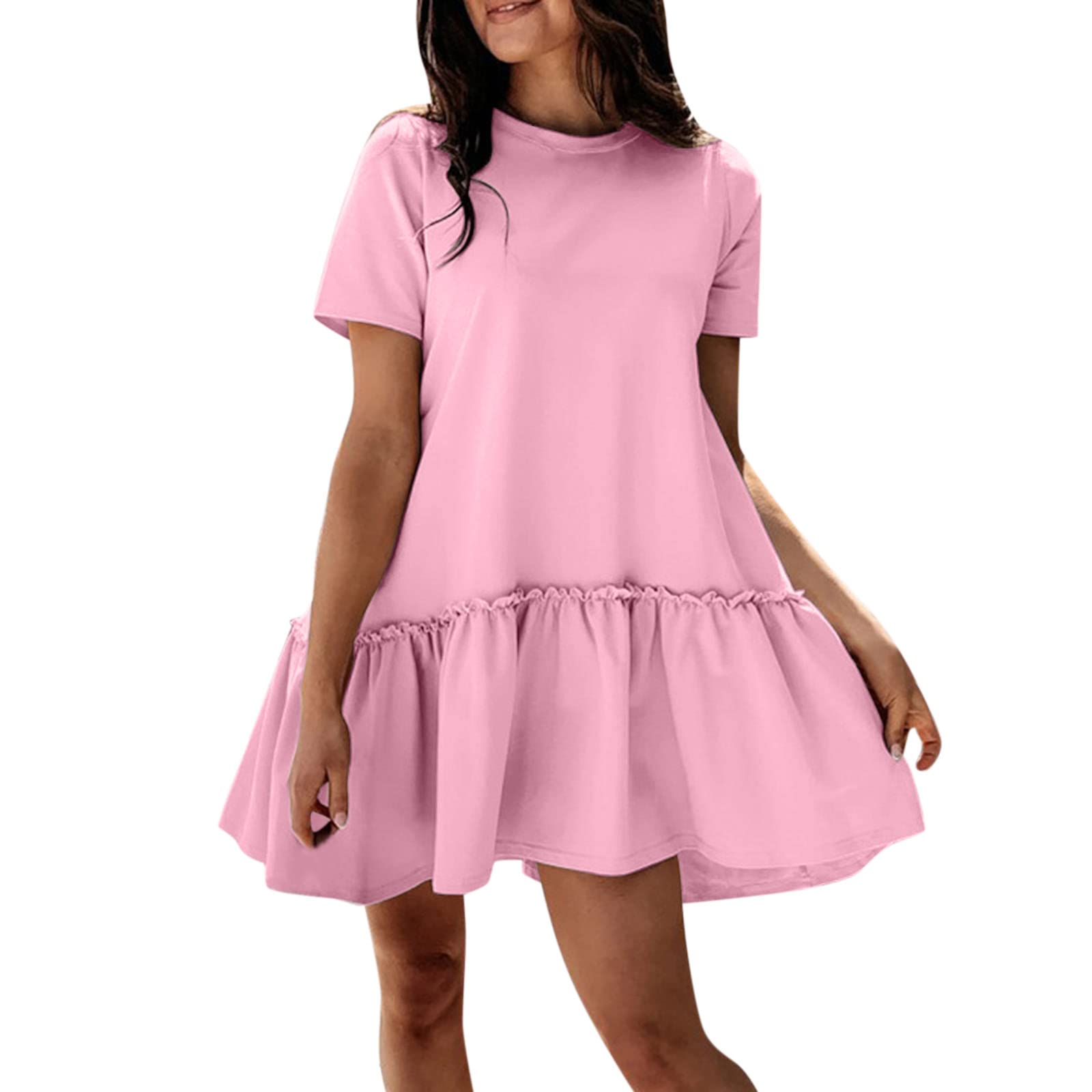 Women's Plus Size Summer Dress - Loose Round Neck Ruffle Flowy Casual Dress in Solid Colors | Perfect for Beach Vacations, Date Nights & Summer Outings