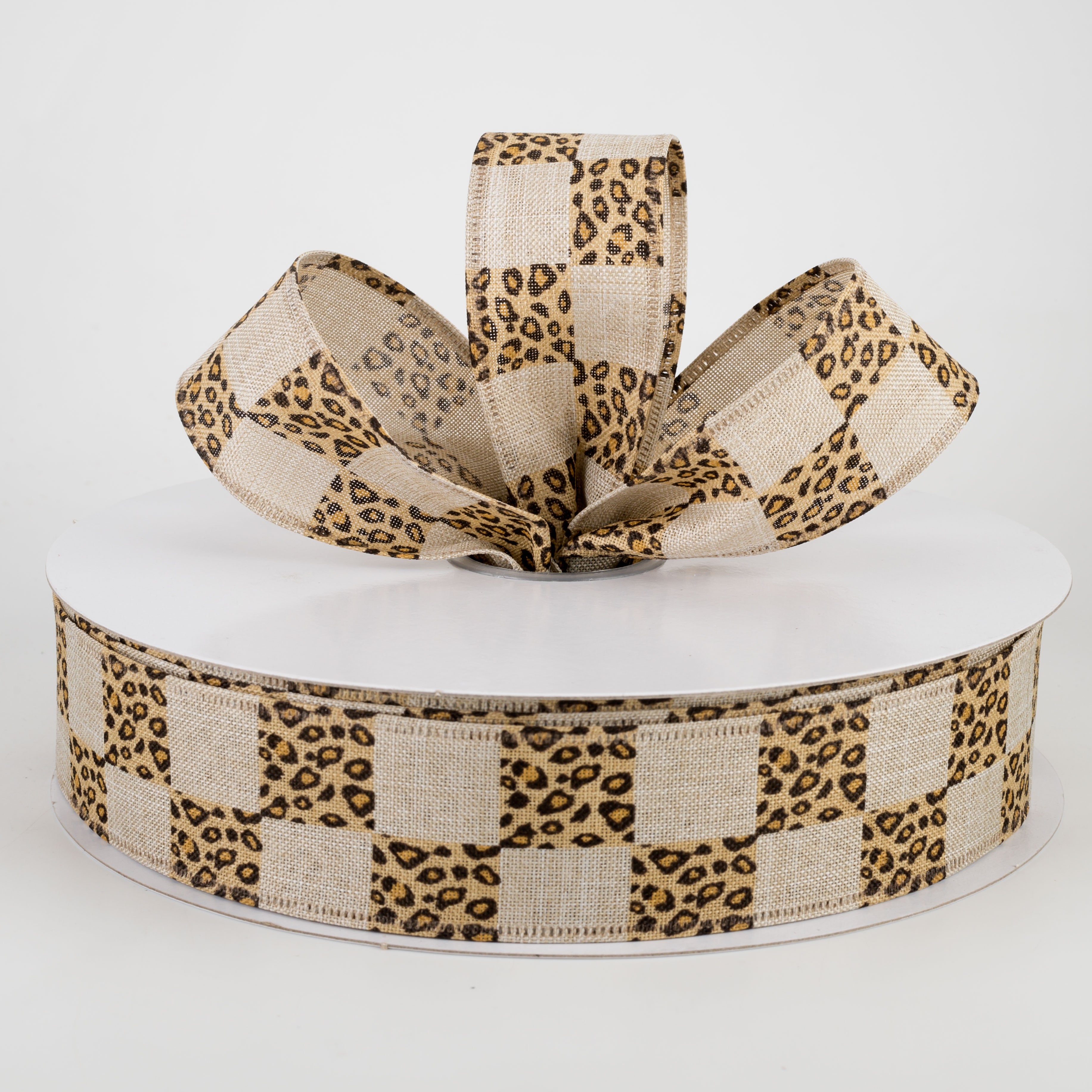 1.5 Inch Natural Linen Cheetah Print Checkered Ribbon - 50 Yards Bulk Spool for Gift Wrapping, Crafts, and DIY Projects