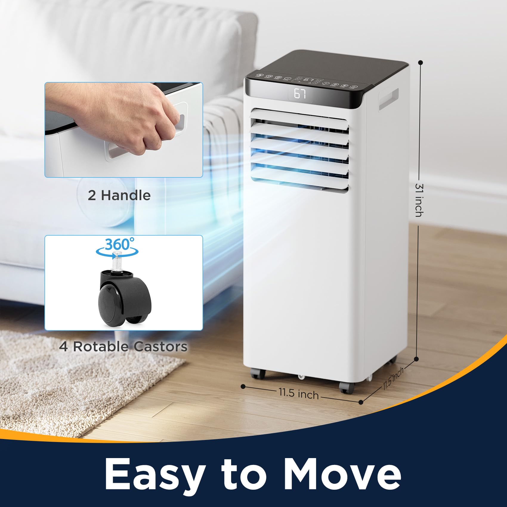 8,000 BTU Portable Air Conditioner for Large Rooms Up to 350 Sq.Ft - 3-in-1 Cooling Modes with Remote Control & Easy Install Kit - Energy Efficient AC Unit for Bedroom, Living Room, Home Office - Summer Cooling Solution for Heatwaves & Hot Nights - Compact Design with Quiet Operation for Better Sleep & Work Comfort