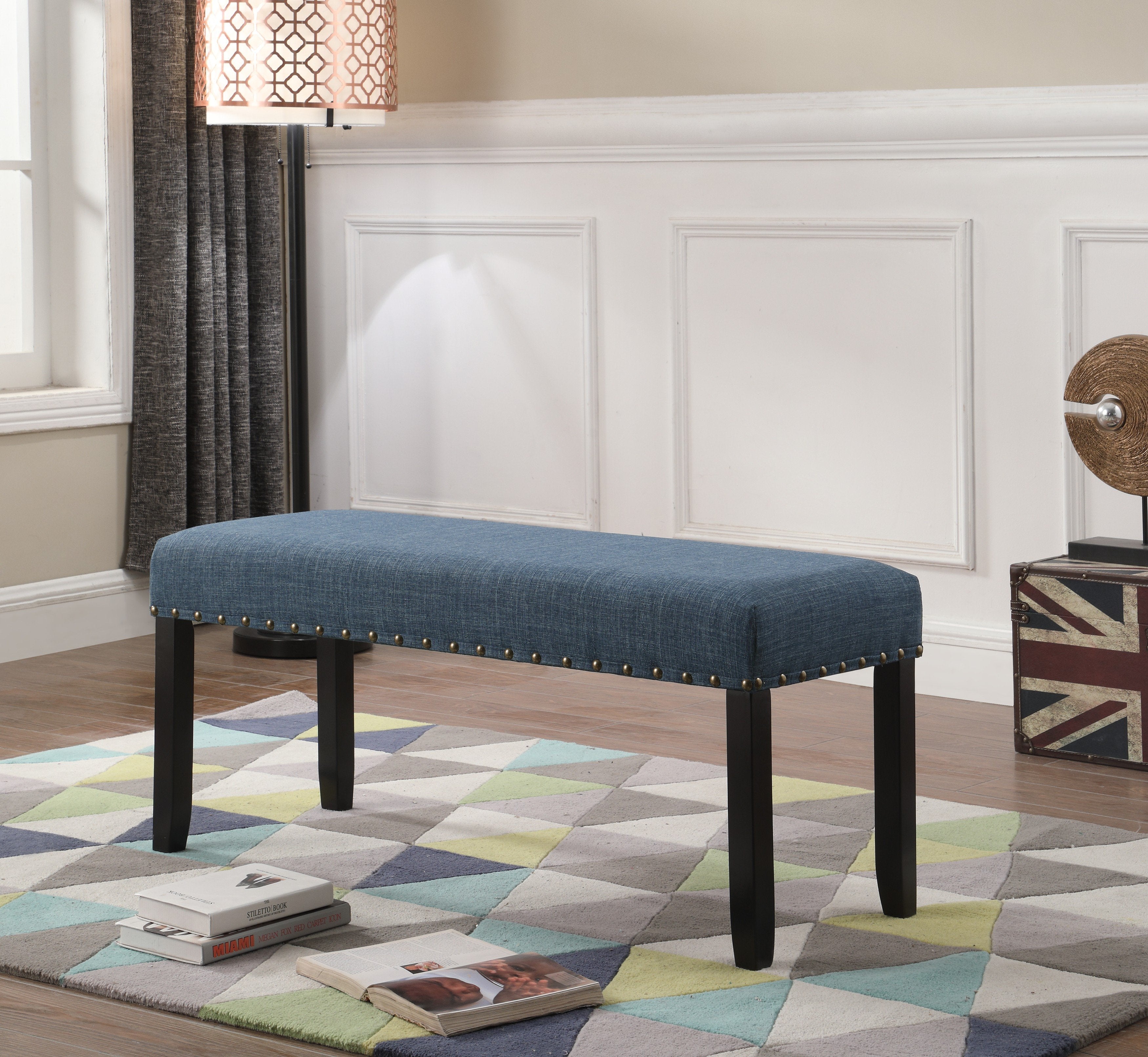 Roundhill Furniture Biony Fabric Dining Bench with Nailhead Trim - Upholstered Seat, Sturdy Wood Frame, Blue - Perfect for Kitchen, Dining Room, Breakfast Nook & Entryway Seating