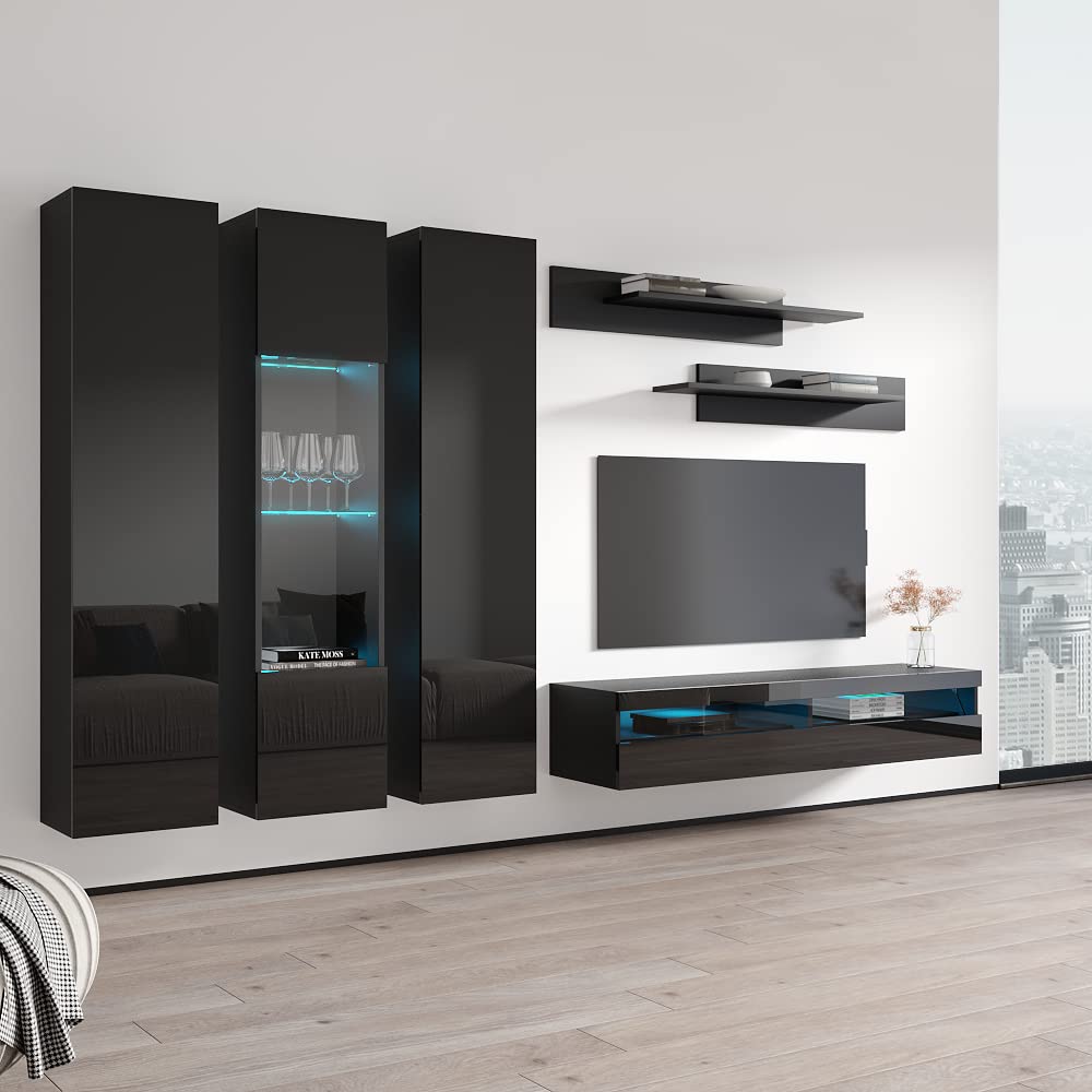 Modern Black Wall-Mounted TV Stand with Storage Shelves & LED Lights - 35