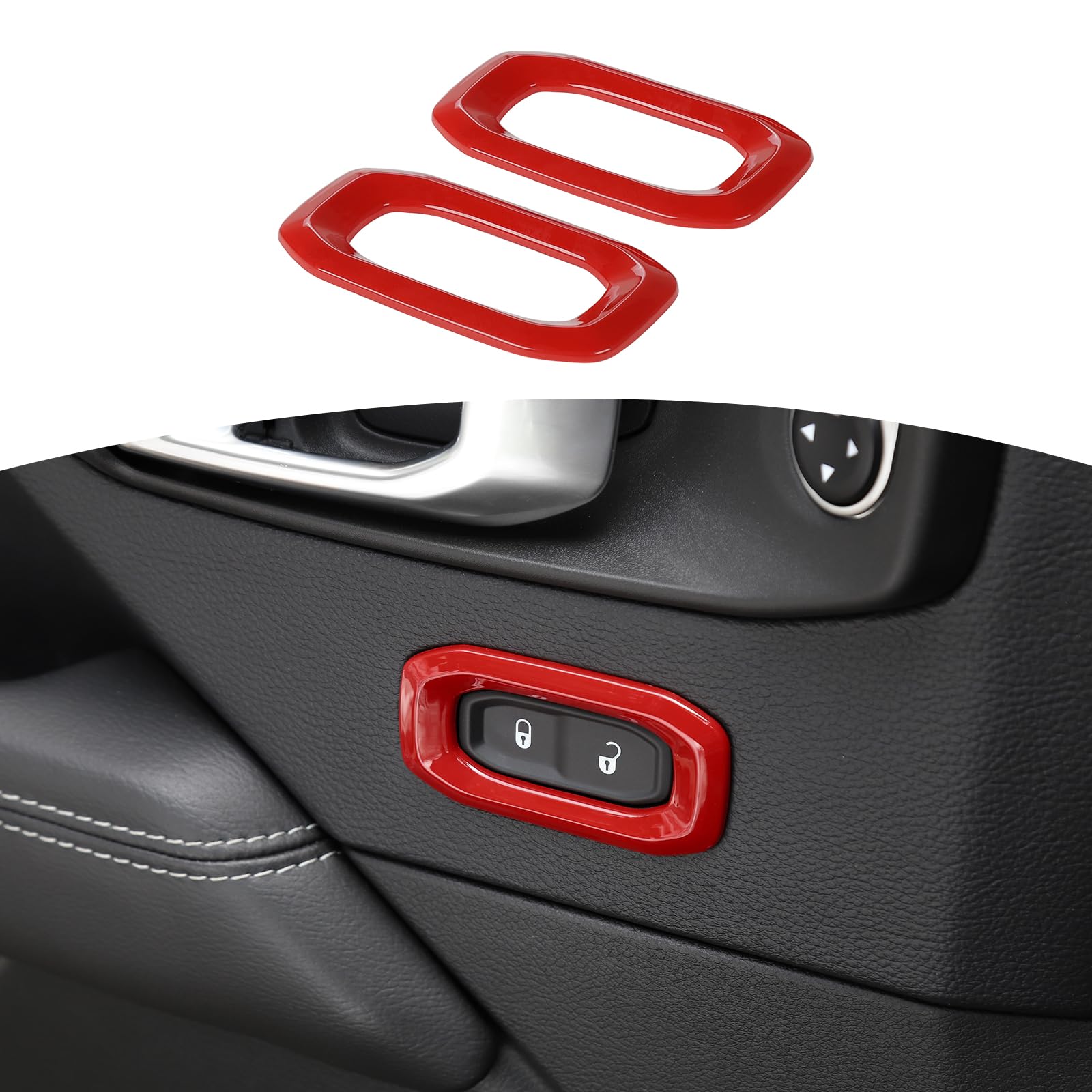 RT-TCZ Red Door Lock Switch Button Trim Cover for Jeep Wrangler JL JLU & Gladiator JT (2018-2024) - Interior Accessories 2pcs - Enhance Your Ride's Style & Protection for Off-Road Adventures