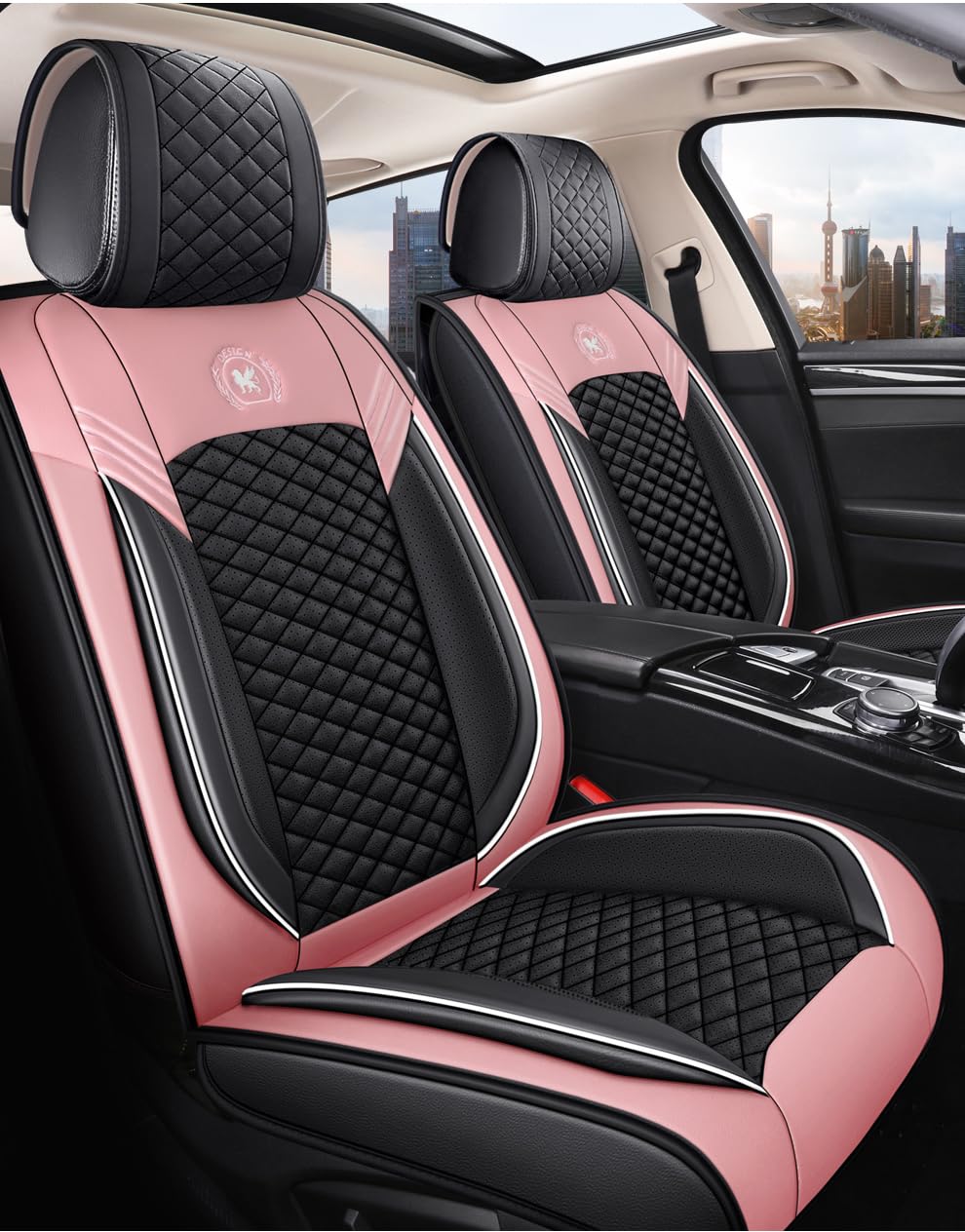 Premium Universal Leather Car Seat Covers Full Set (5 Seats) - Black & Pink - Comfortable & Durable for SUVs, Sedans, Trucks - Perfect for Road Trips, Daily Commute & Family Protection