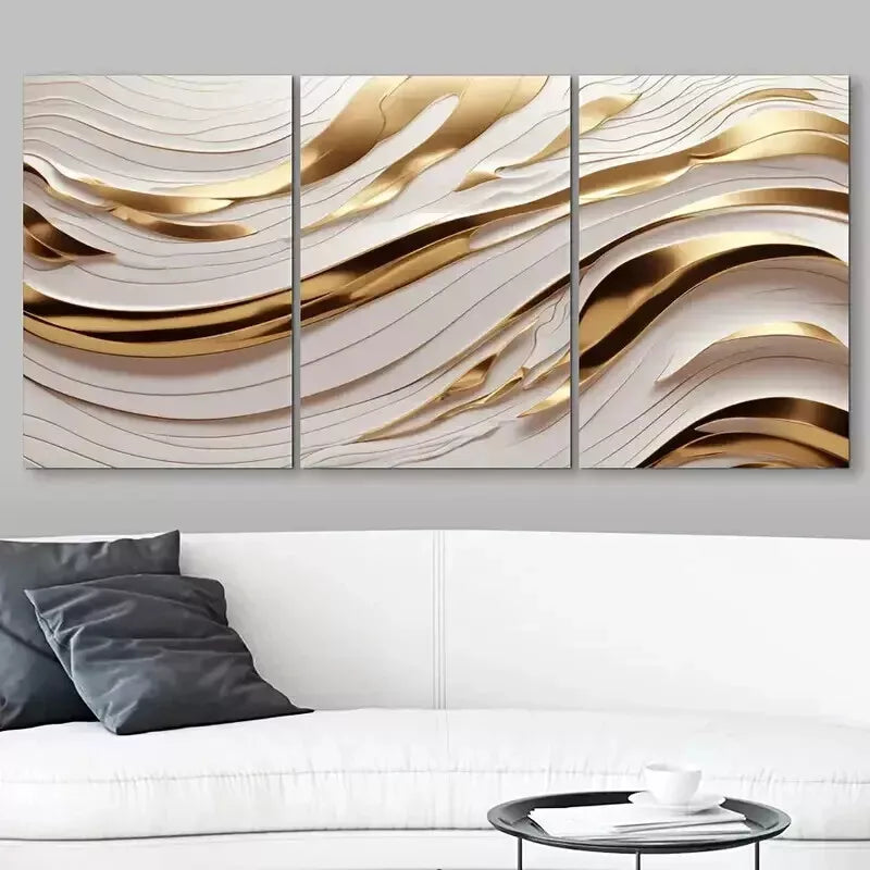 3-Piece Golden & White Abstract Wave Wall Art Set - Framed Canvas 50x70cm (20x28in) - High Quality Print - 100% Australian Made - Ready to Hang - Perfect for Living Room, Bedroom & Office Decor