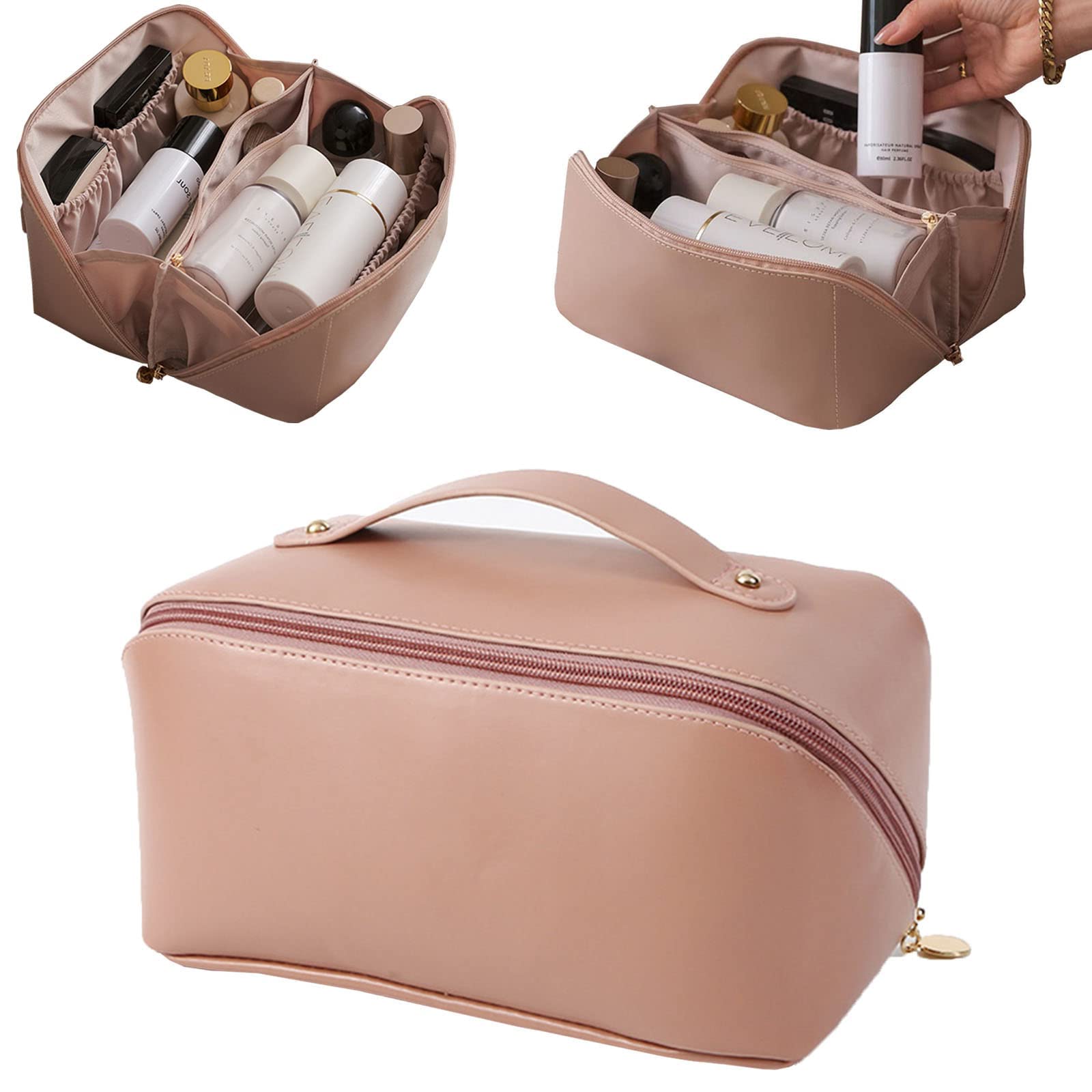 Large-Capacity Waterproof Leather Makeup Travel Bag with Handle & Divider - Portable Cosmetic & Toiletry Organizer for Skincare, Cosmetics, Essentials | Perfect for Vacation, Gym, Business Trips (Khaki)