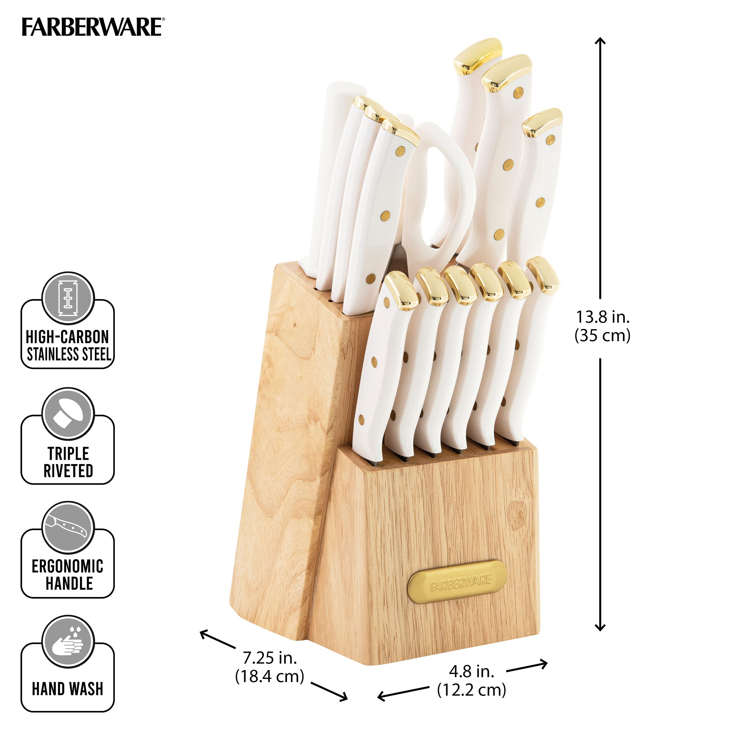 Farberware 15-Piece Triple Riveted Knife Block Set - High Carbon Stainless Steel Kitchen Knives with Razor-Sharp Blades & Wood Storage Block (White & Gold) - Perfect for Home Chefs, Cooking Enthusiasts & Professional Kitchens