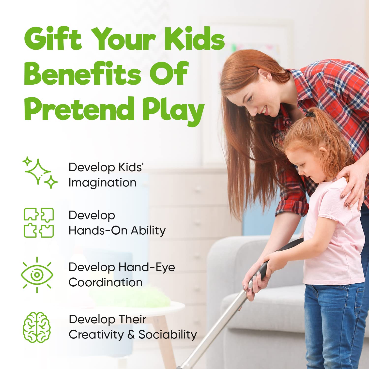 Misco Kids Toy Vacuum Cleaner - Realistic Handheld Vacuum with Sounds & Lights - Pretend Play Cleaning Toy for Toddlers Ages 3 4 5 6 7 - Perfect Gift for Boys & Girls (Green) - Fun Role Play for House Cleaning & Chores Learning