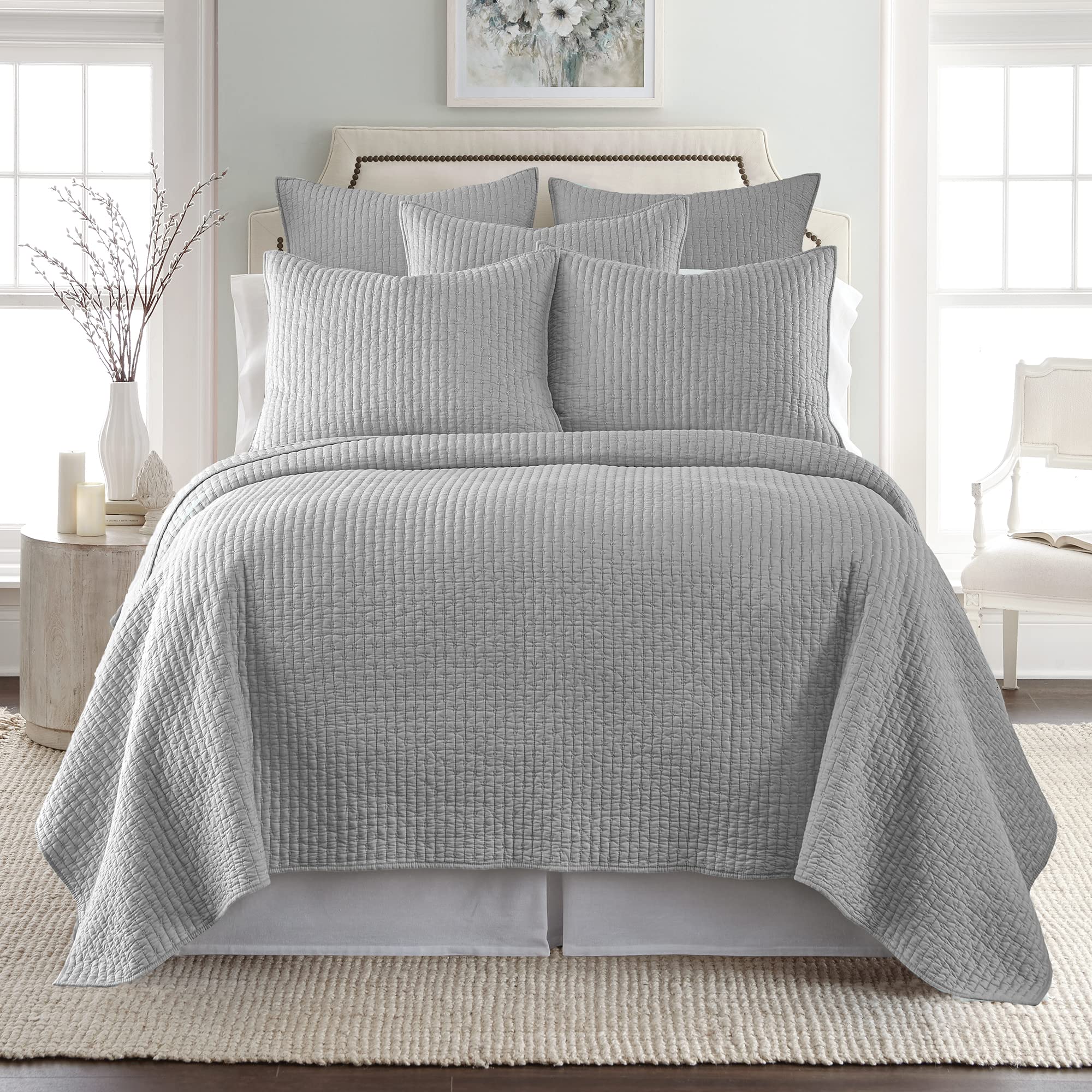Levtex Home - 100% Cotton Reversible Cross Stitch Light Grey Quilt Set - Full/Queen Size (88x92in) with 2 Standard Shams (26x20in) - Soft Bedding for Cozy Bedroom Decor & Guest Room Essentials