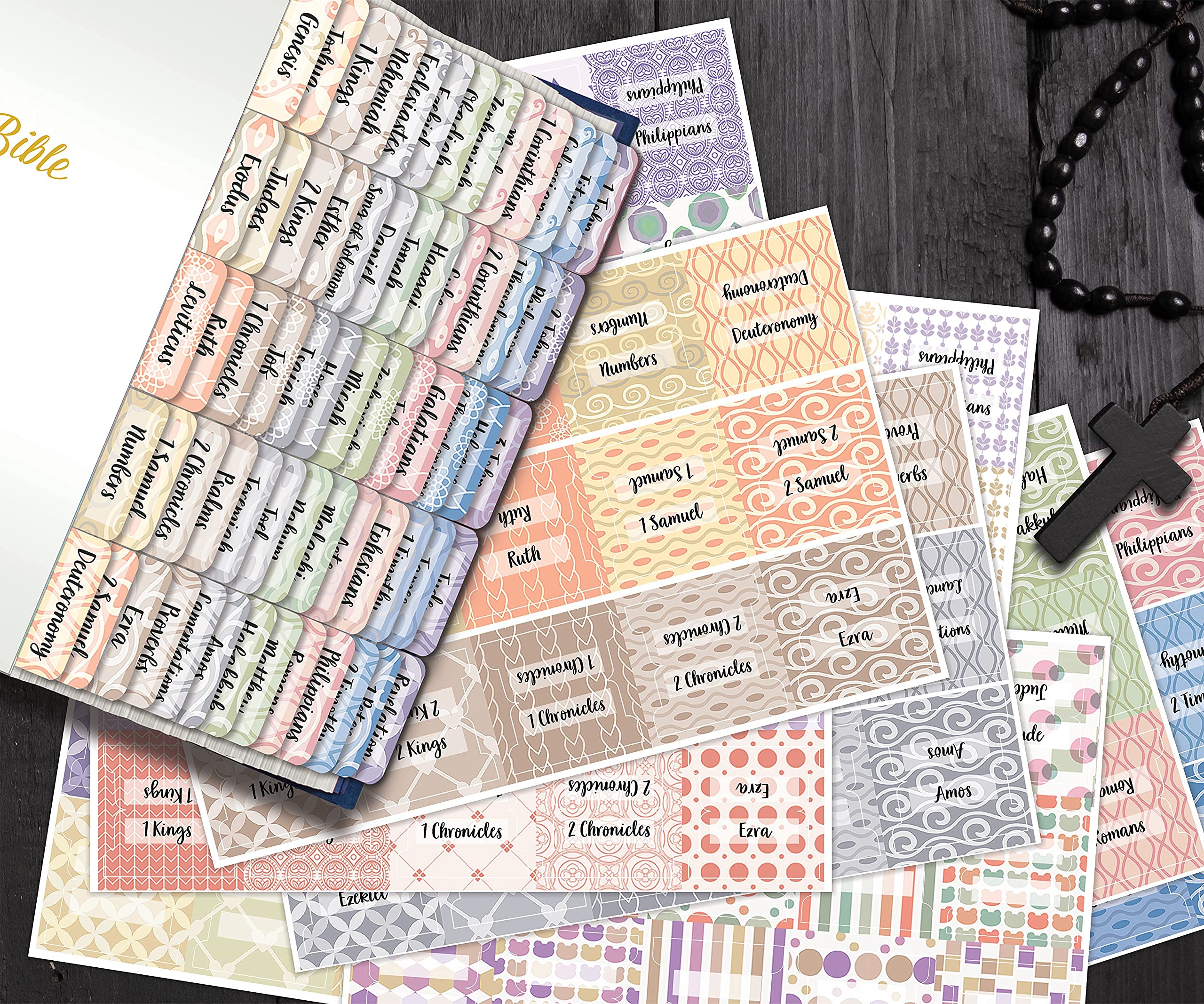 Better Office Products Bible Tabs - 225-Piece Christian Bible Journaling Adhesive Tabs for Old & New Testament (3 Sets, Harmonious Themed Backgrounds) - Perfect for Bible Study, Scripture Organization & Church Groups