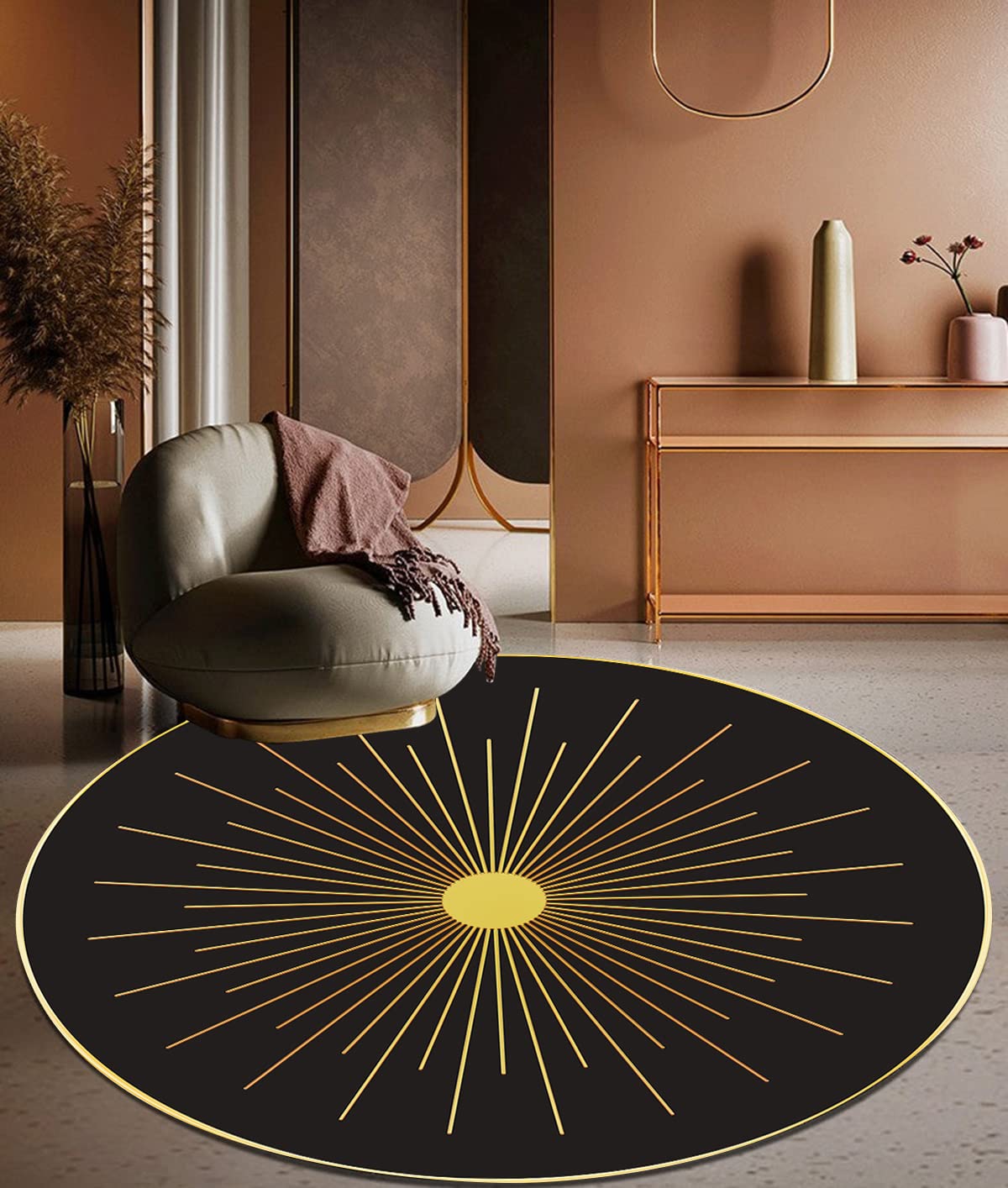 Modern Black Burst Striped Round Area Rug with Gold Border - Soft Shaggy Washable Carpet for Living Room, Bedroom, Nursery & Kitchen (5ft) | Durable Abstract Design for Dining Room & Under Deck