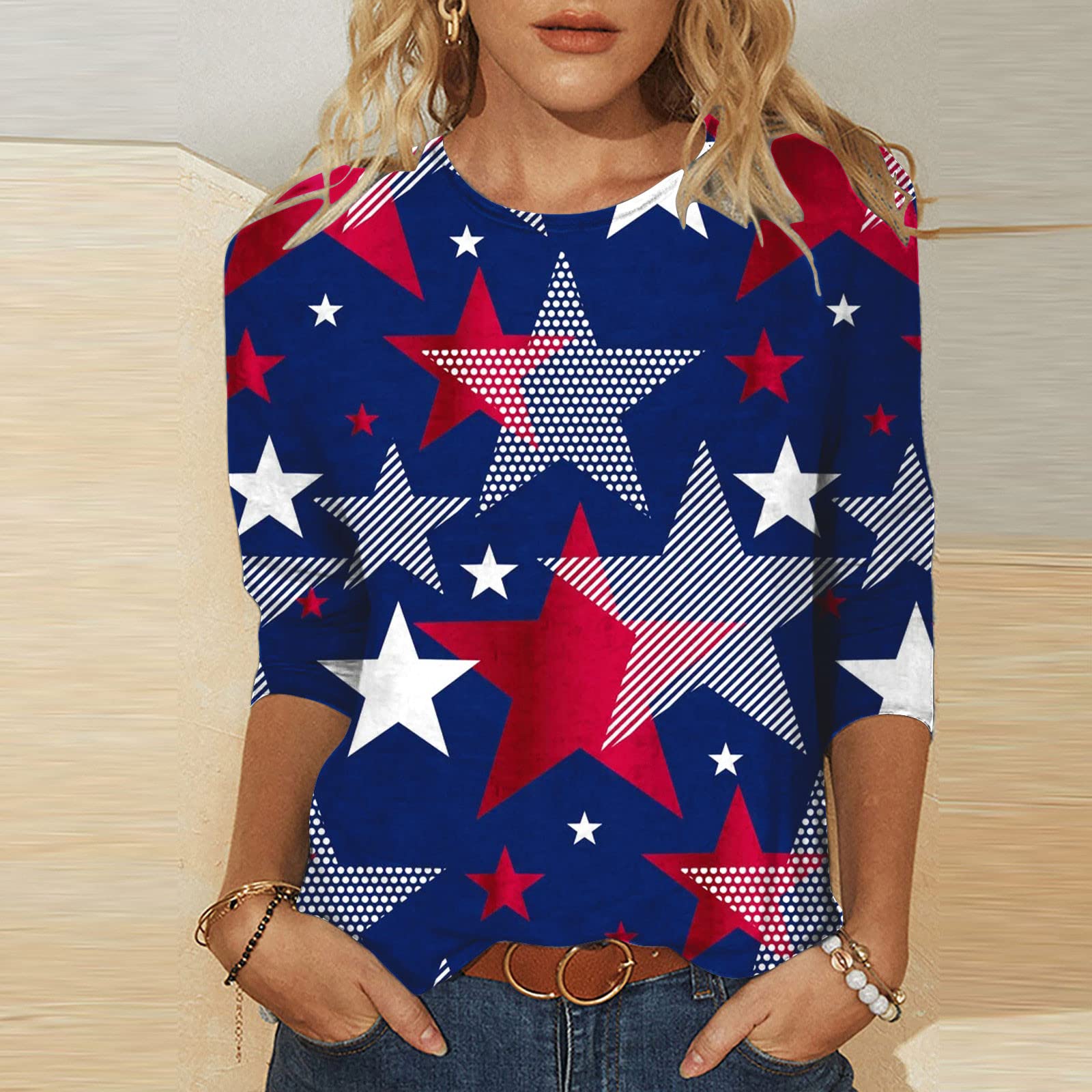 Women's 3/4 Sleeve Patriotic T-Shirt - Red White & Blue USA Flag Shirt for 4th of July | Perfect for Independence Day Celebrations, BBQ Parties & Summer Festivals