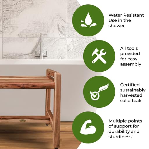 EcoDecors Eleganto 20 Inch Waterproof Teak Wood Shower Bench - Non-Slip Bath Stool Seat with Storage for Bathroom Safety & Organization - Perfect for Elderly, Spa, and Small Space Showers