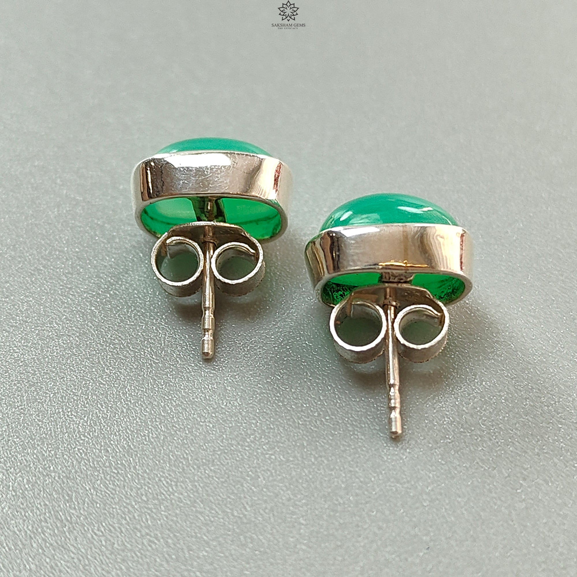Natural Green Chrysoprase Cabochon Silver Stud Earrings - 925 Sterling Silver Bezel Set Push Back Earrings, 3.61g Cushion Cut Gemstone Jewelry for Women - Perfect for Everyday Wear, Office & Special Occasions