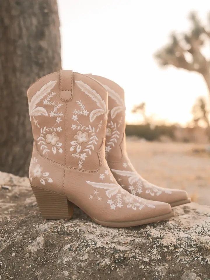 Bailey Apricot Embroidered Cowboy Boots for Women - Western Ankle Booties with Floral Design - Perfect for Country Music Festivals & Rodeo Events
