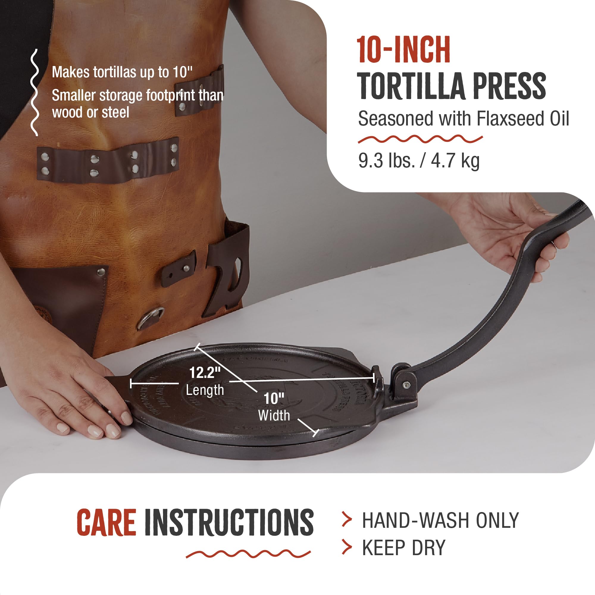 10-Inch Cast Iron Tortilla Press - Heavy Duty Commercial Grade for Tortillas, Roti, Arepas & Flatbreads - Pre-Seasoned with Flaxseed Oil - Made in Colombia - Perfect for Home Kitchens & Restaurants