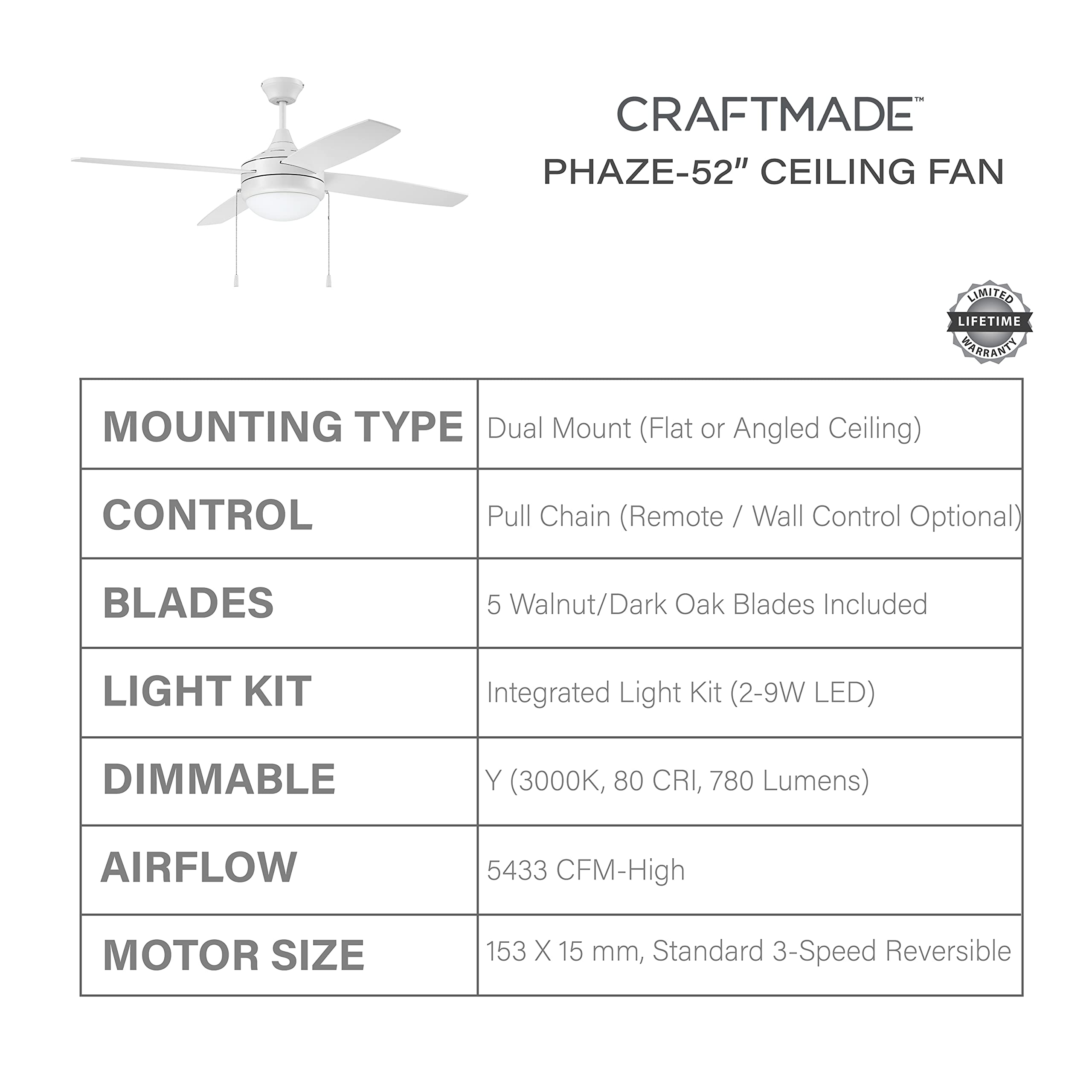 Craftmade PHA52W4 Phaze Modern 52