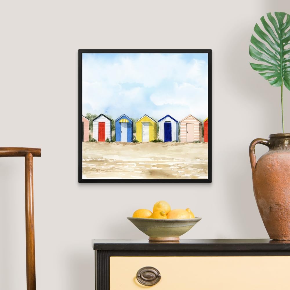 Beach Huts II Black Float Frame Canvas Art - Coastal Wall Decor for Living Room, Bedroom & Office - Nautical Beach House Painting for Home & Vacation Rental Decor