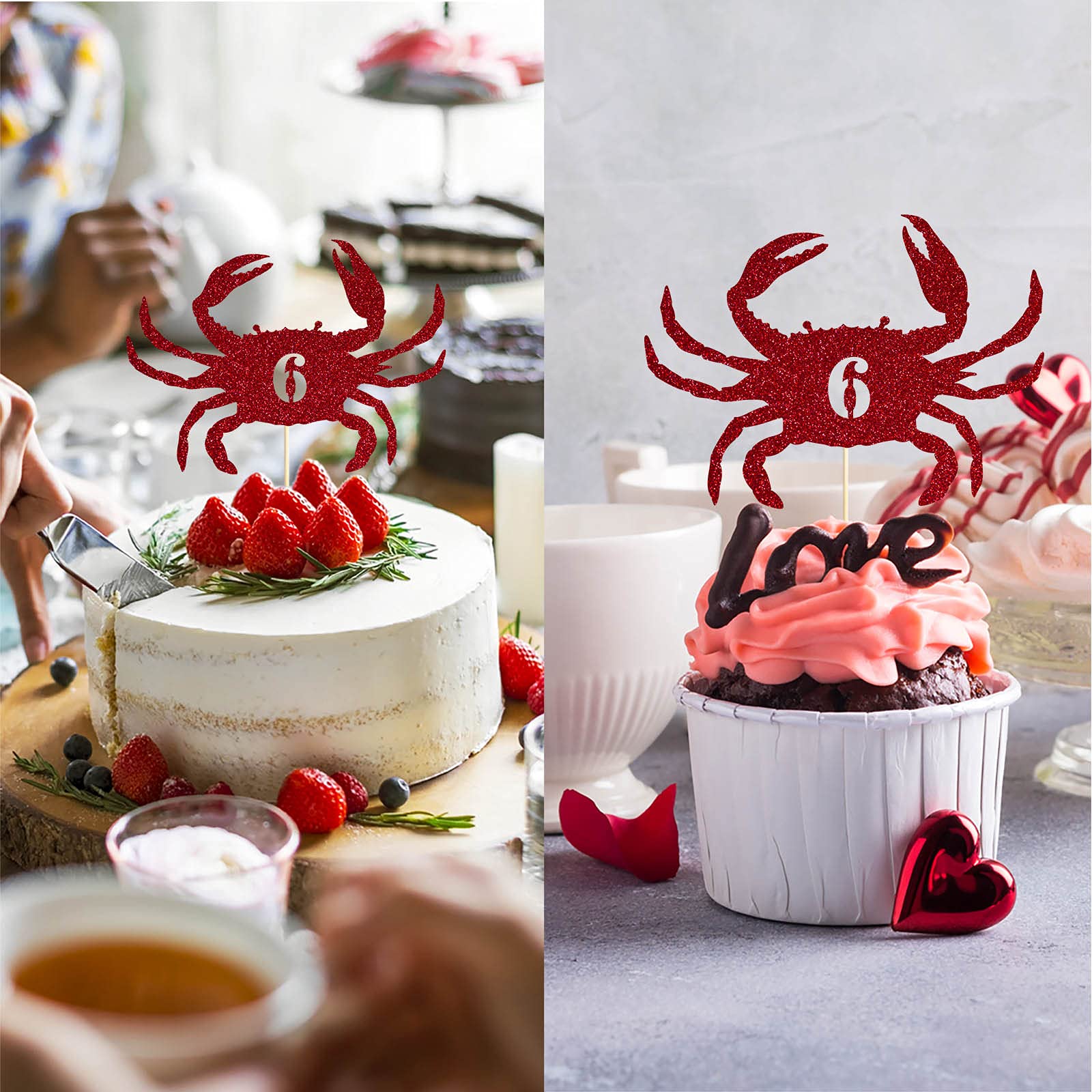 Red Glitter Crab 6th Birthday Cake Topper - Happy 6 Years Party Decoration for Kids Beach Themed Birthday Celebrations