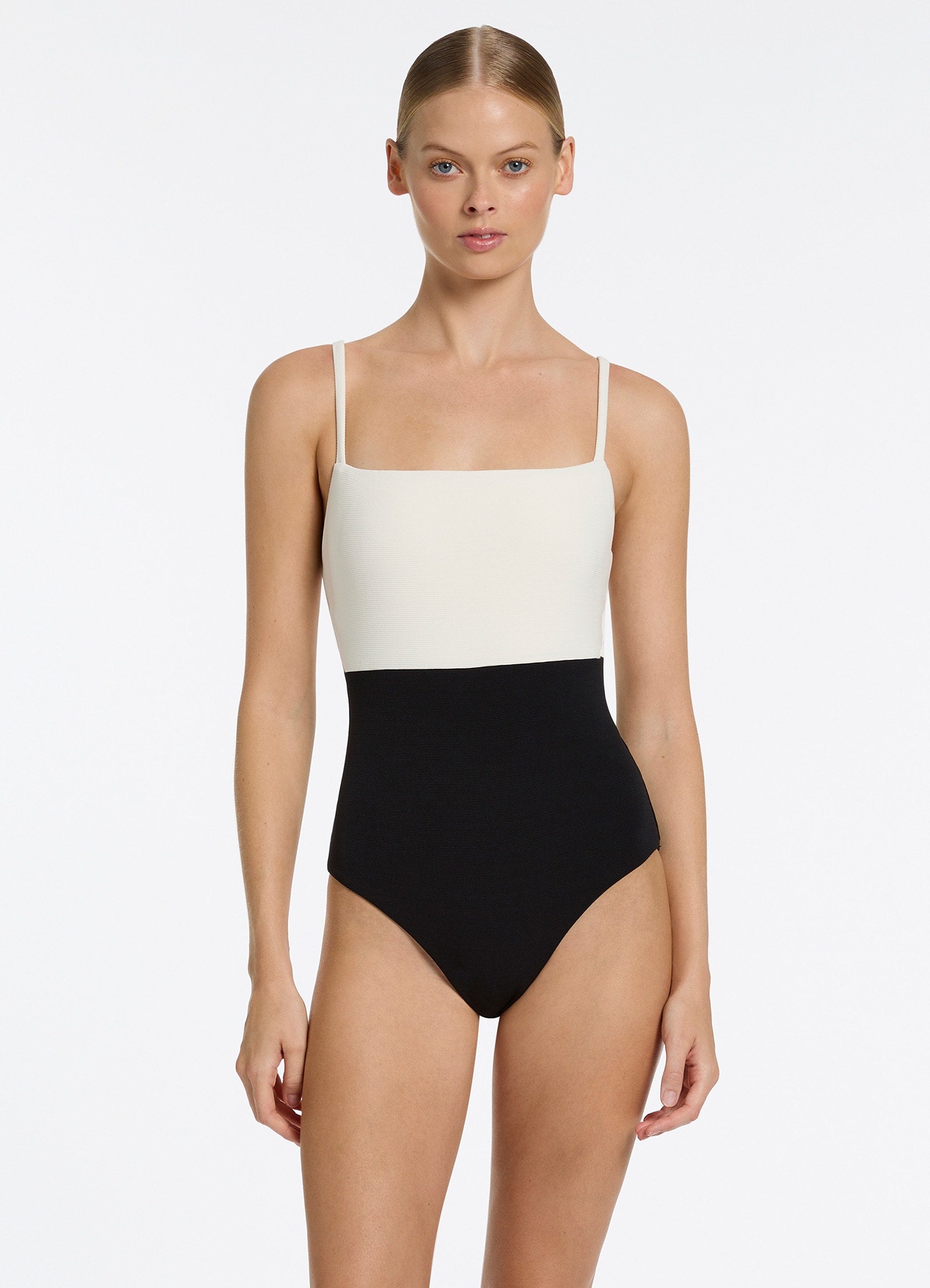 Versa Rib Minimal Tank One Piece Swimsuit - Black/Cream - Perfect for Beach, Pool, and Summer Vacations
