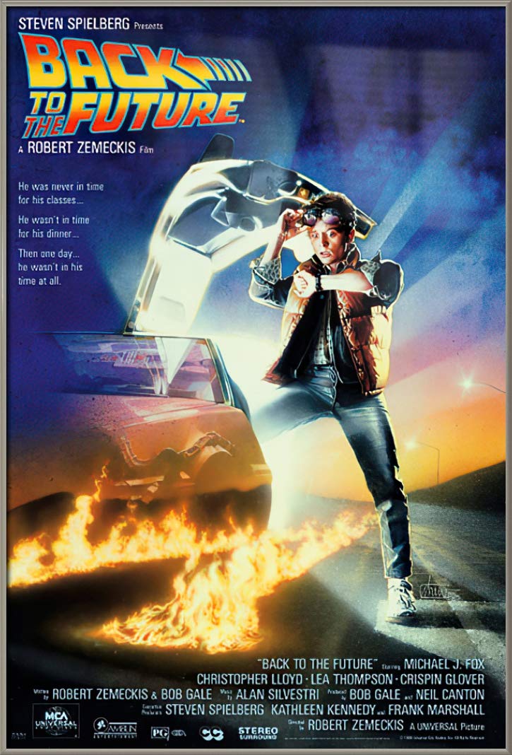 Back to The Future Framed Movie Poster - 27x40 Inches Brushed Champagne Aluminum Frame Wall Art, Vintage Sci-Fi Film Decor for Home Theater, Office & Man Cave - Premium Quality Print