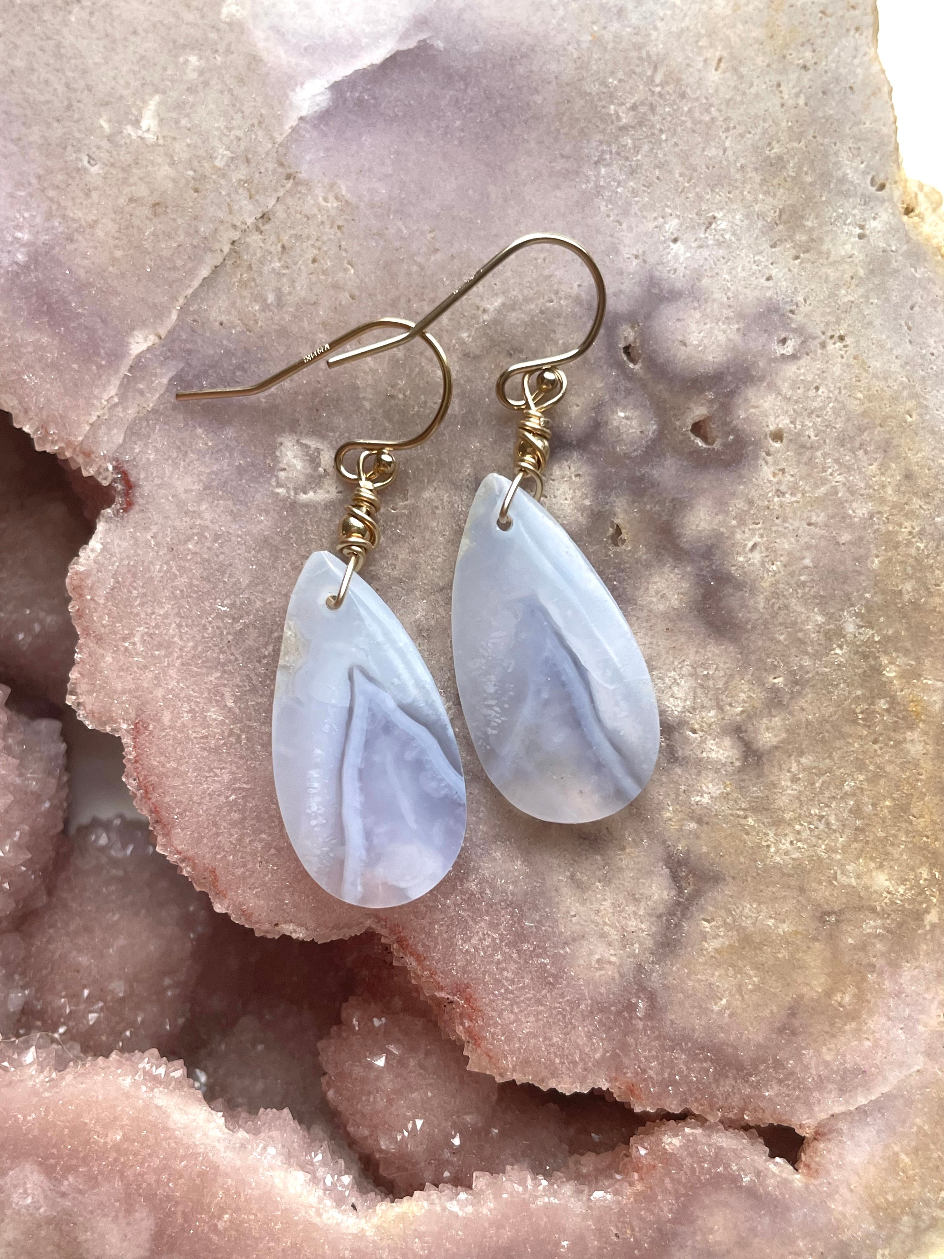 Blue Lace Agate Earrings 14K Gold Filled - Dainty Boho Jewelry for Women, Perfect for Weddings, Parties & Everyday Wear