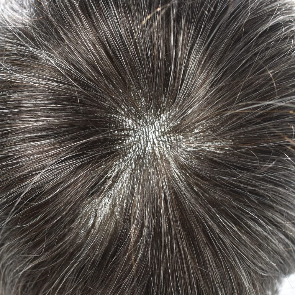 Men's Toupee Hair System - 0.1-0.12mm PU Base with European Remy Human Hair - Natural Looking Hair Replacement for Thinning Hair - 7x9 Size in #230#2 Dark Brown with 30% Synthetic Grey (120% Density) - Perfect for Daily Wear, Special Occasions & Confidence Boosting