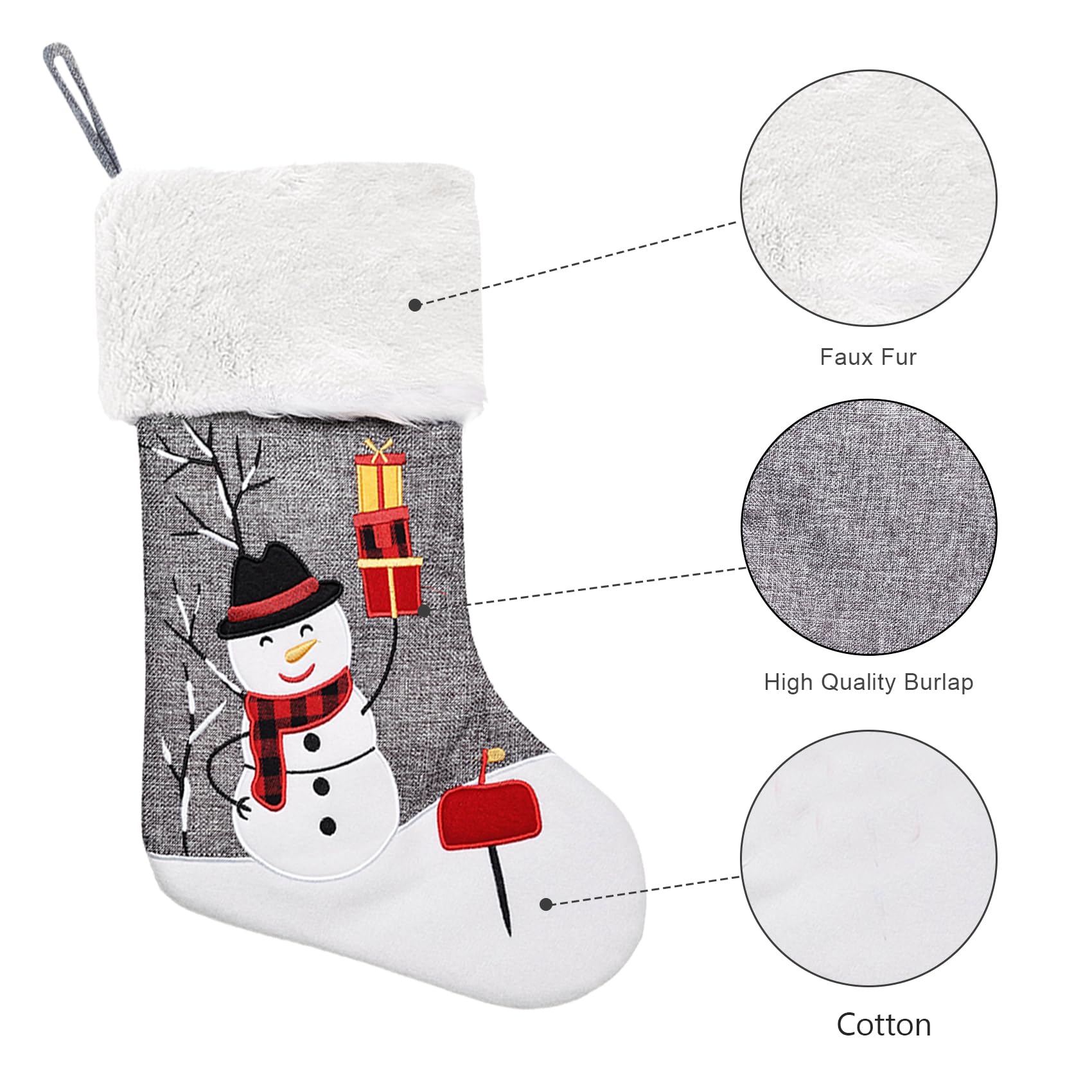 CARAKNOTS 3-Pack Grey Burlap Christmas Stockings with Embroidery Applique - Santa, Snowman & Elk Designs, Faux Fur Trim, Large Size for Kids, Family & Baby - Perfect for Fireplace Xmas Decor & Holiday Gift Giving
