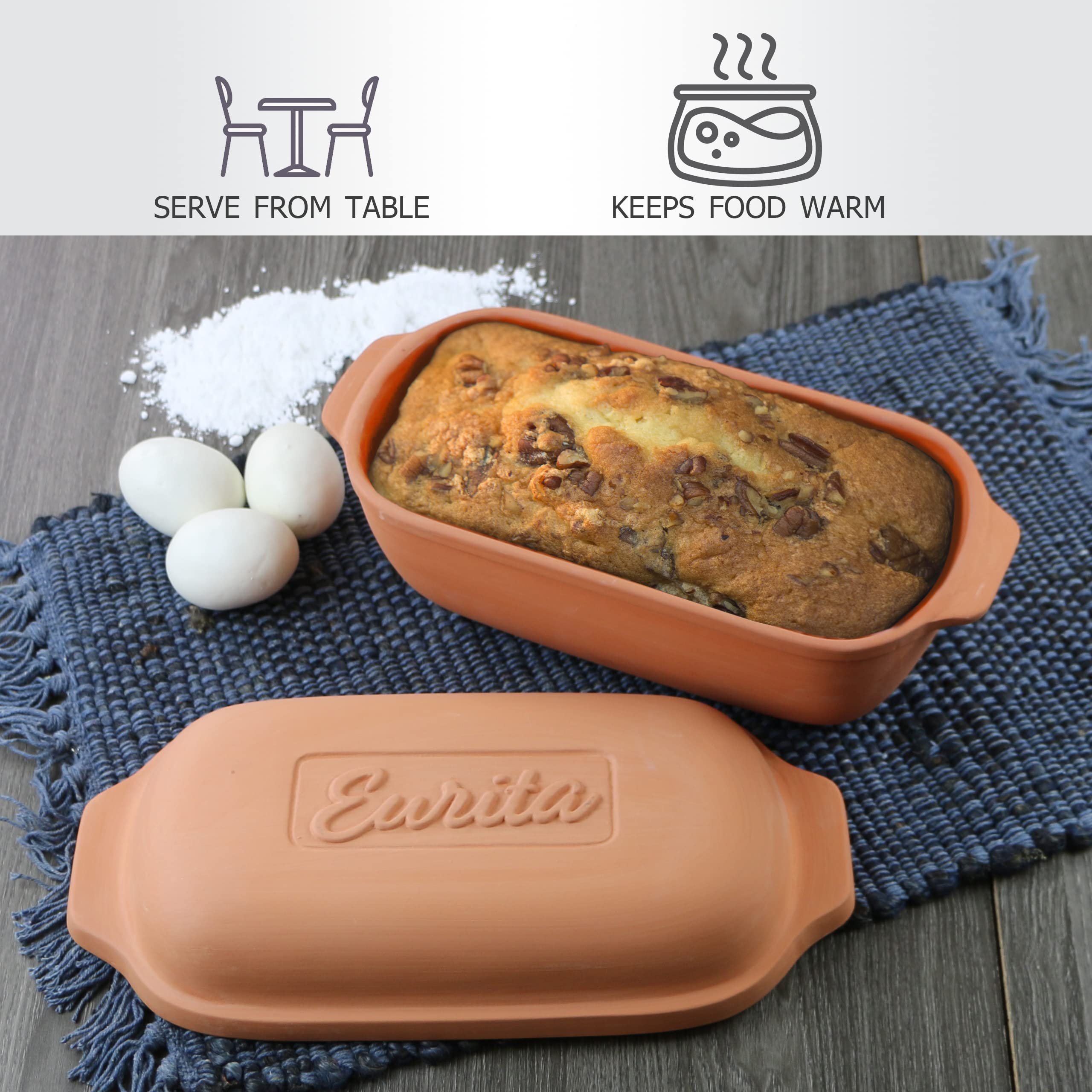 Eurita 2-Quart Clay Roaster with Non-Stick Bread Pan & Lid - Healthy Clay Pot for Baking, Stewing & Slow Cooking | Includes Free Recipe Guide | Perfect for Artisan Bread, Casseroles & Homemade Stews
