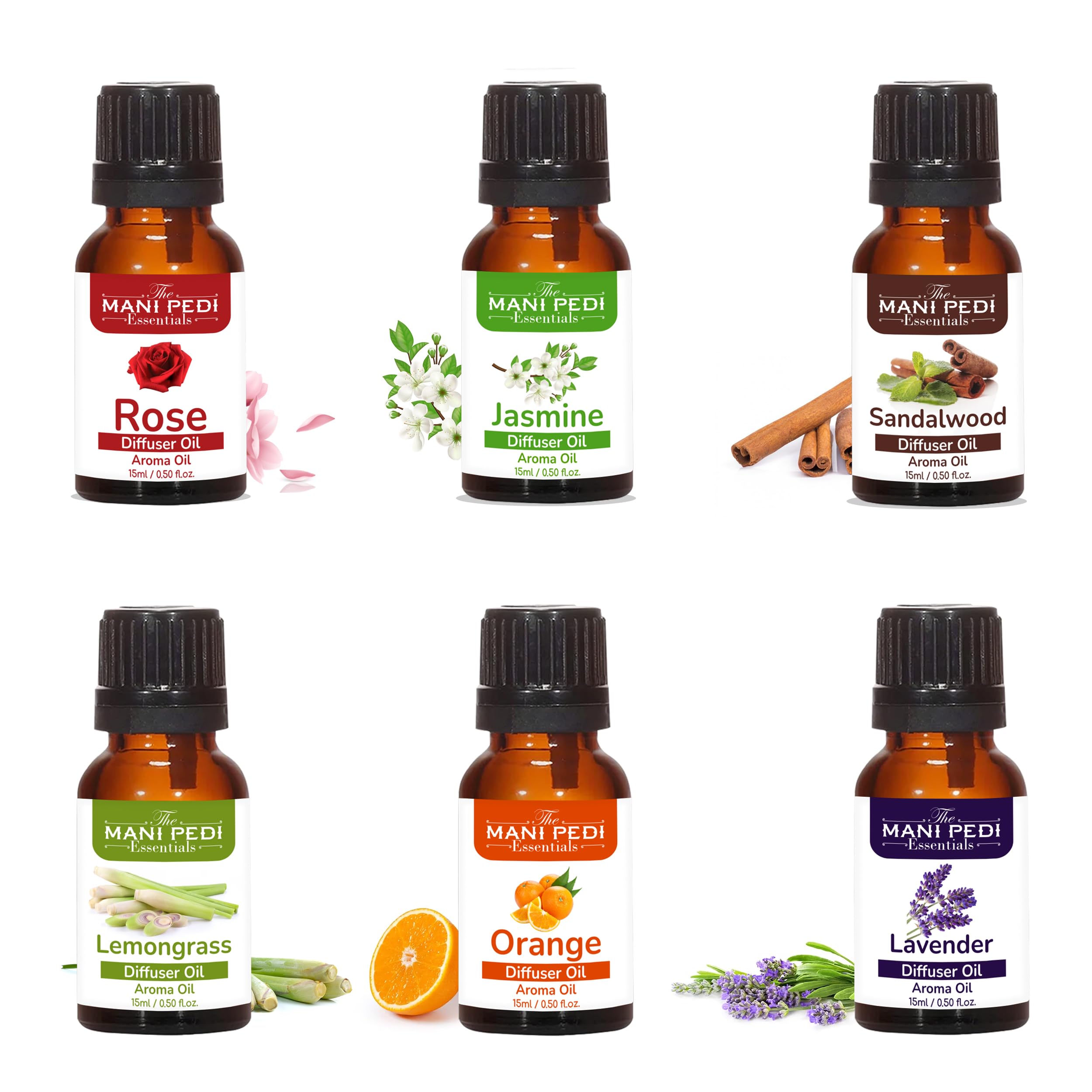 Premium 6-Piece Essential Oil Diffuser Set - Lemongrass, Lavender, Jasmine, Rose, Sandalwood & Orange for Aromatherapy, Home Scenting & Spa Relaxation | 6x15ml Natural Fragrance Oils for Ultrasonic Diffusers, Humidifiers & Massage Therapy
