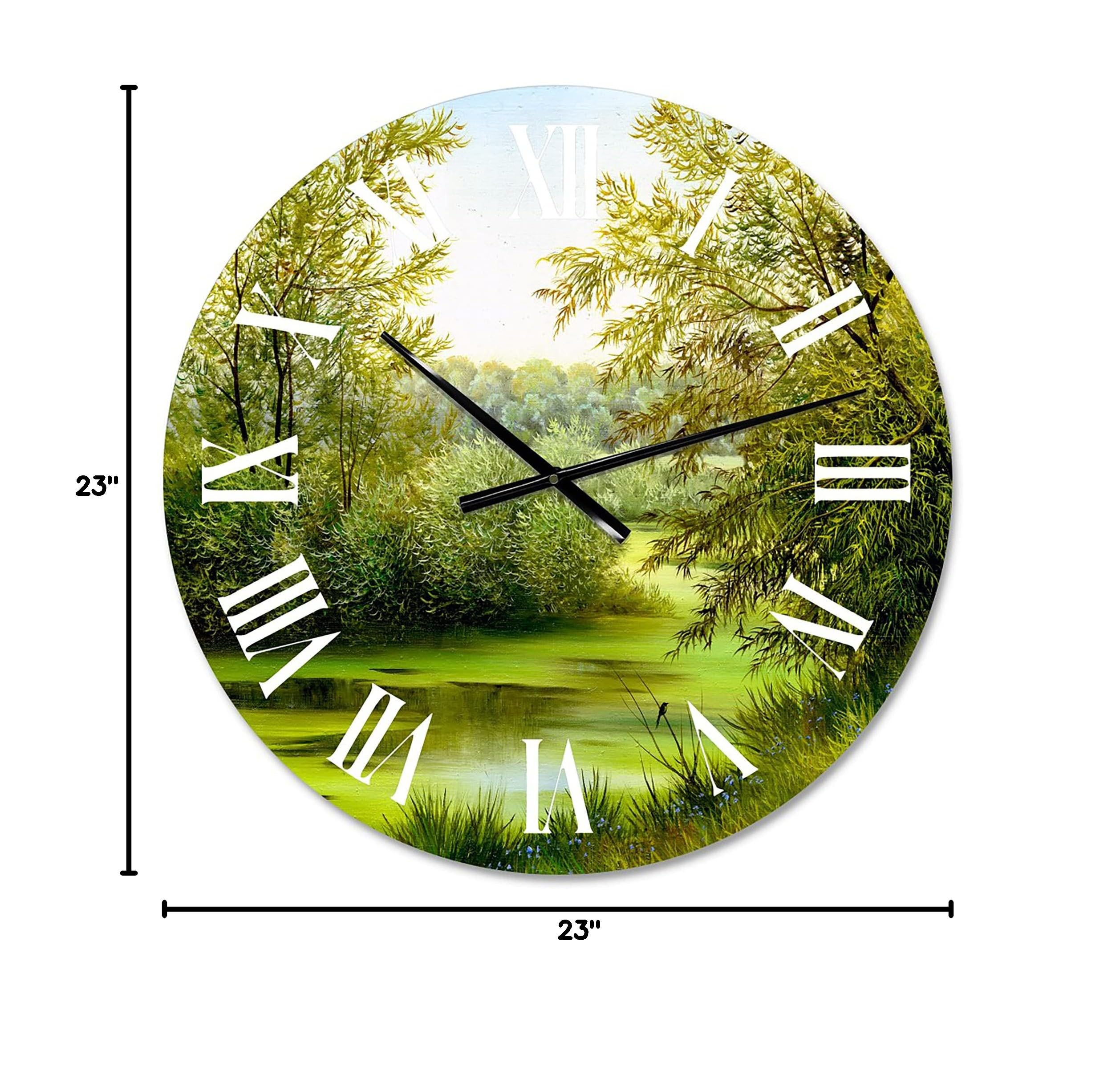 DesignQ Large Country Wall Clock - 'Green Pond with Spring Trees' Landscape Nature Decor for Living Room, Kitchen, Office | Silent Non-Ticking Modern Farmhouse Clock