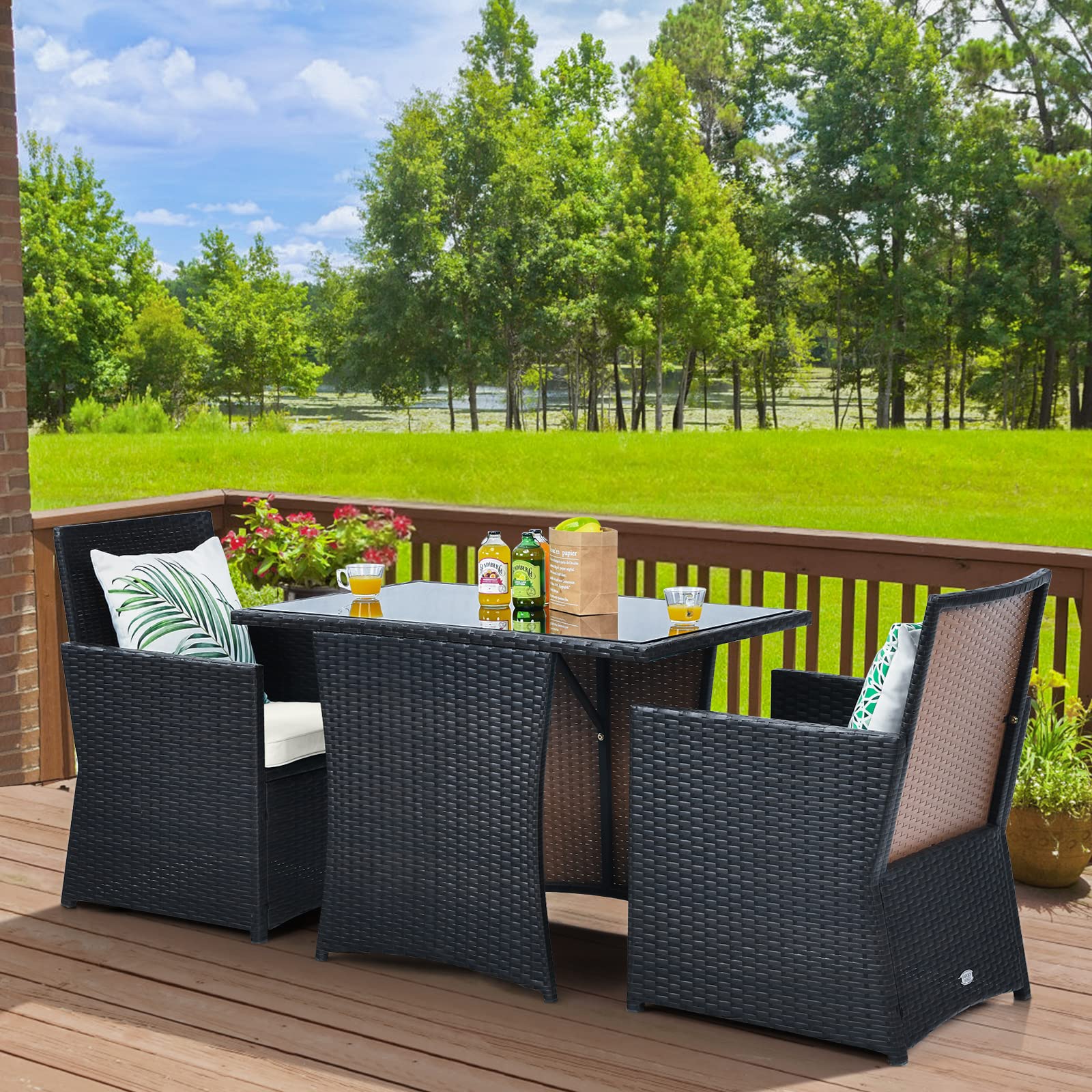 HappyGrill 3-Piece Outdoor PE Rattan Bistro Set with Cushioned Chairs - Patio Dining Table & Conversation Set for Backyard, Porch, Garden & Poolside - Perfect for Al Fresco Dining, Relaxing & Outdoor Entertaining