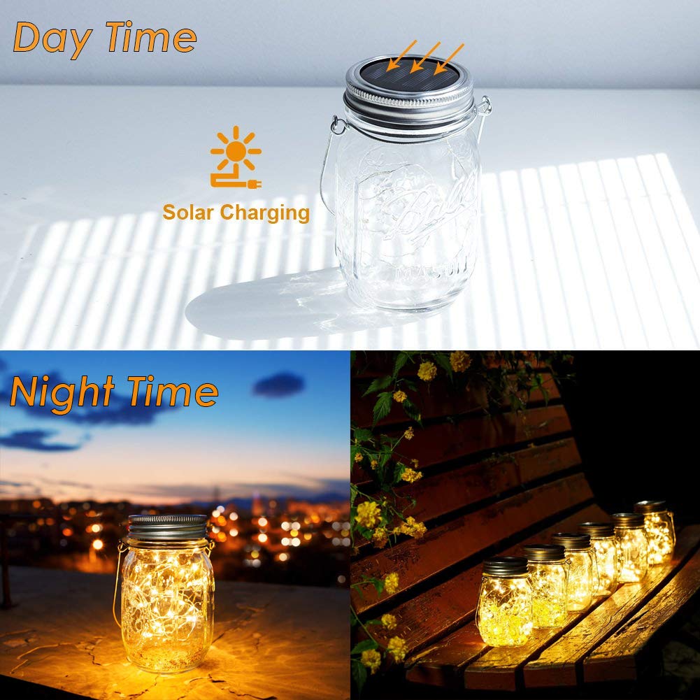 4 Pack Solar Fairy Jar Lights - 30 LED Mason Jar Firefly Lights for Outdoor Patio, Garden, Table Decorations - Waterproof Solar Lantern with Mason Jars & Hangers - Perfect for Mother's Day Gifts, Wedding Decor, Backyard Parties & Romantic Ambiance
