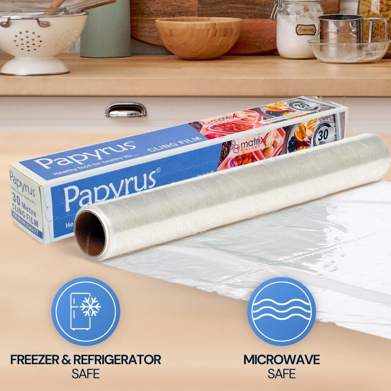 Premium Papyrus Food Wrap Cling Film - 30m Roll for Fresh Food Storage, Meal Prep & Leftovers | BPA-Free Plastic Wrap for Vegetables, Fruits, Sandwiches & More | Ideal for Kitchen, Picnics & Lunch Box Packing (Transparent, 1 Pack)