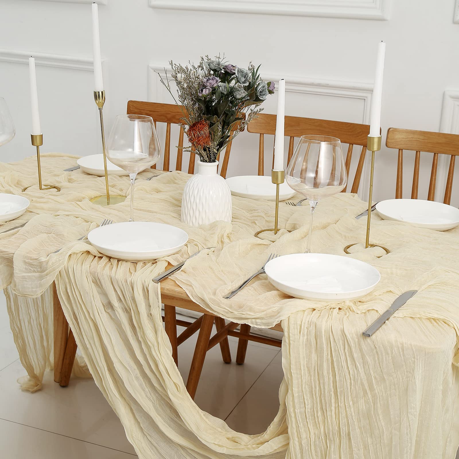 8-Piece Cream Cheesecloth Table Runner Set - 13.3ft Boho Gauze Tablecloth, Rustic Sheer Runner (160 Inches) for Wedding, Bridal Shower, Baby Shower, Birthday Party & Cake Table Decorations - Perfect for Rustic, Farmhouse & Boho Chic Events