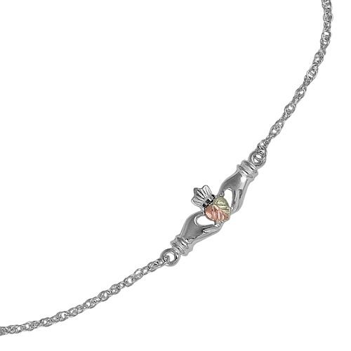 Sterling Silver Claddagh Ankle Bracelet with 12k Green Gold & Rose Gold Accents | Authentic Black Hills Gold Jewelry | Perfect for Irish-Themed Weddings, St. Patrick's Day & Celtic Gift Giving
