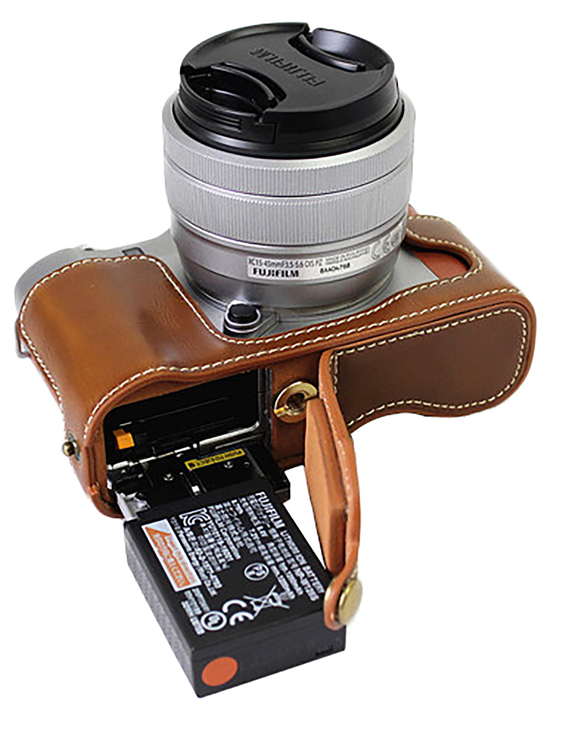 Fujifilm XA7 X-A7 Bottom Opening PU Leather Half Camera Case with Tripod Mount & Hand Strap - Brown Protective Bag for Travel & Outdoor Photography