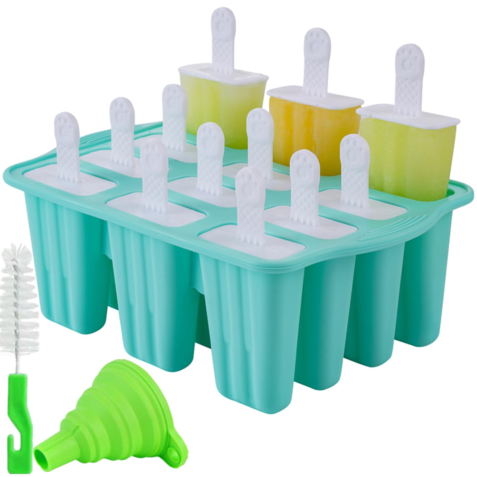 12-Piece Silicone Popsicle Molds BPA Free with 14 Sticks - Reusable, Easy Release Ice Pop Maker for Kids & Adults (Green, 12 Cavities) - Perfect for Summer Treats, Birthday Parties & Family Fun