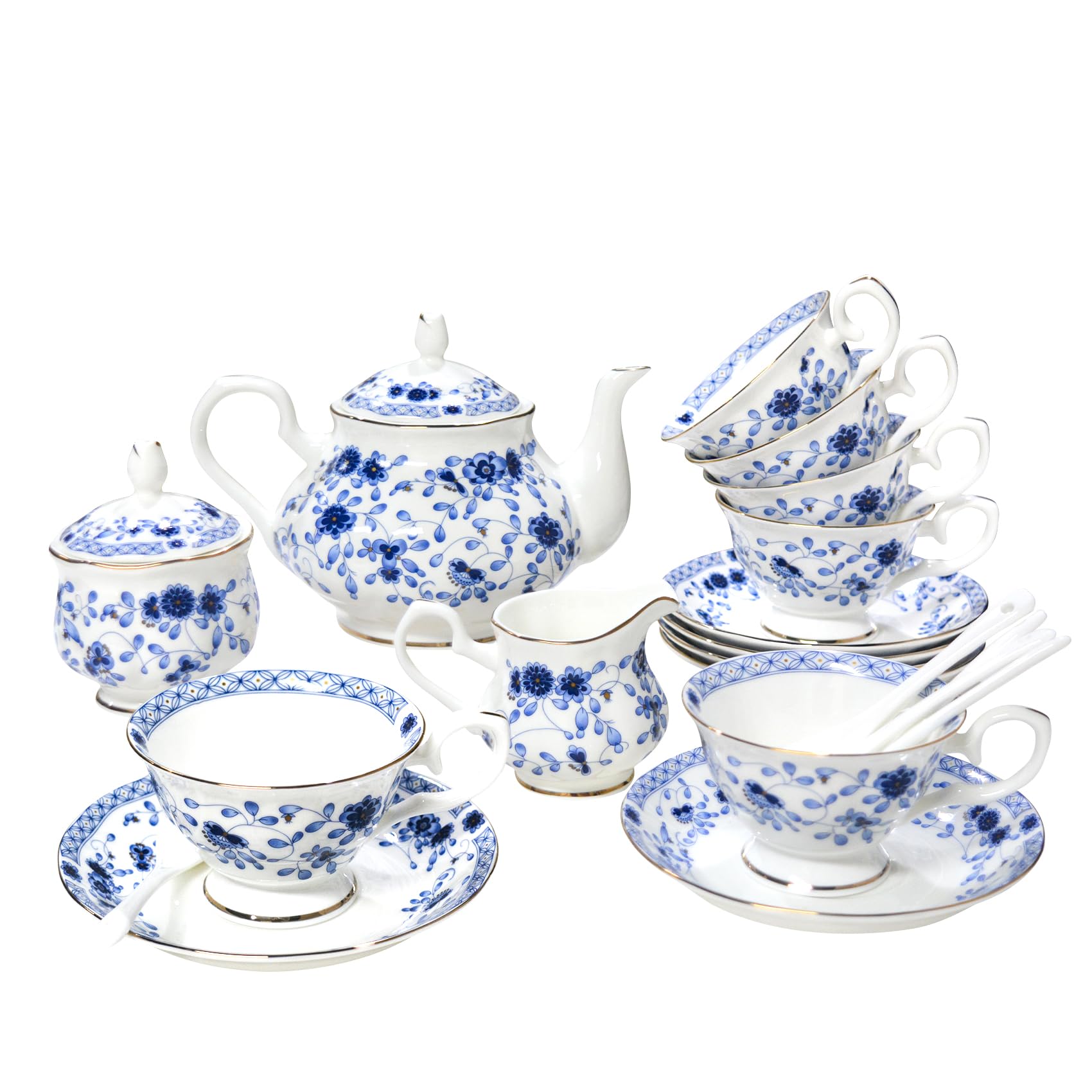 Premium 21-Piece Bone China Tea Set - Elegant Porcelain Teapot with 6 Cups & Saucers, Spoons, Sugar Bowl & Creamer Pitcher - Vintage Blue Tea Party Set for Adults (Perfect for Afternoon Tea, Bridal Showers & Gift Giving)