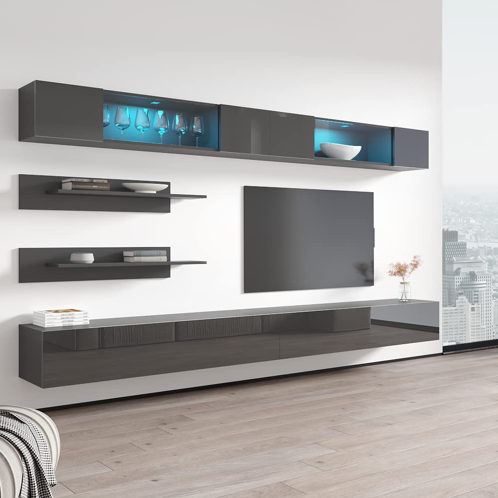 Modern Floating TV Stand with Storage & LED Lights - Wall-Mounted Entertainment Center for Bedroom & Living Room - Space-Saving TV Console with Shelves - Gray - Perfect for Small Spaces & Home Theater Setup