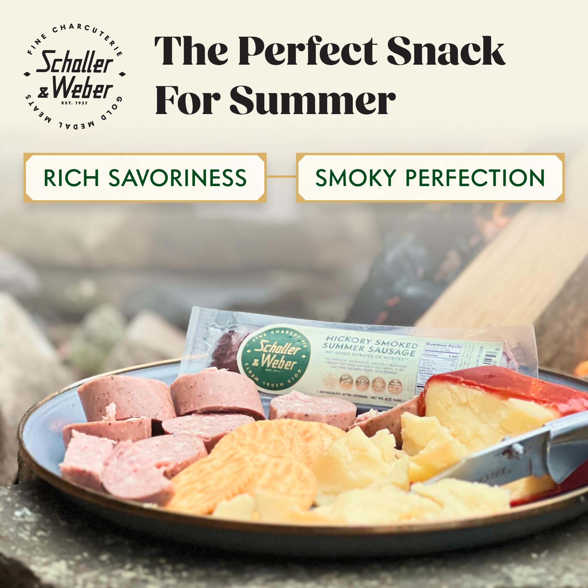 Schaller & Weber Hickory Smoked Summer Sausage - Gluten Free, Ready to Eat, 100% Natural Meat Snack - 6 Ounce (Pack of 2) - Perfect for Camping, Hiking & On-the-Go Snacking
