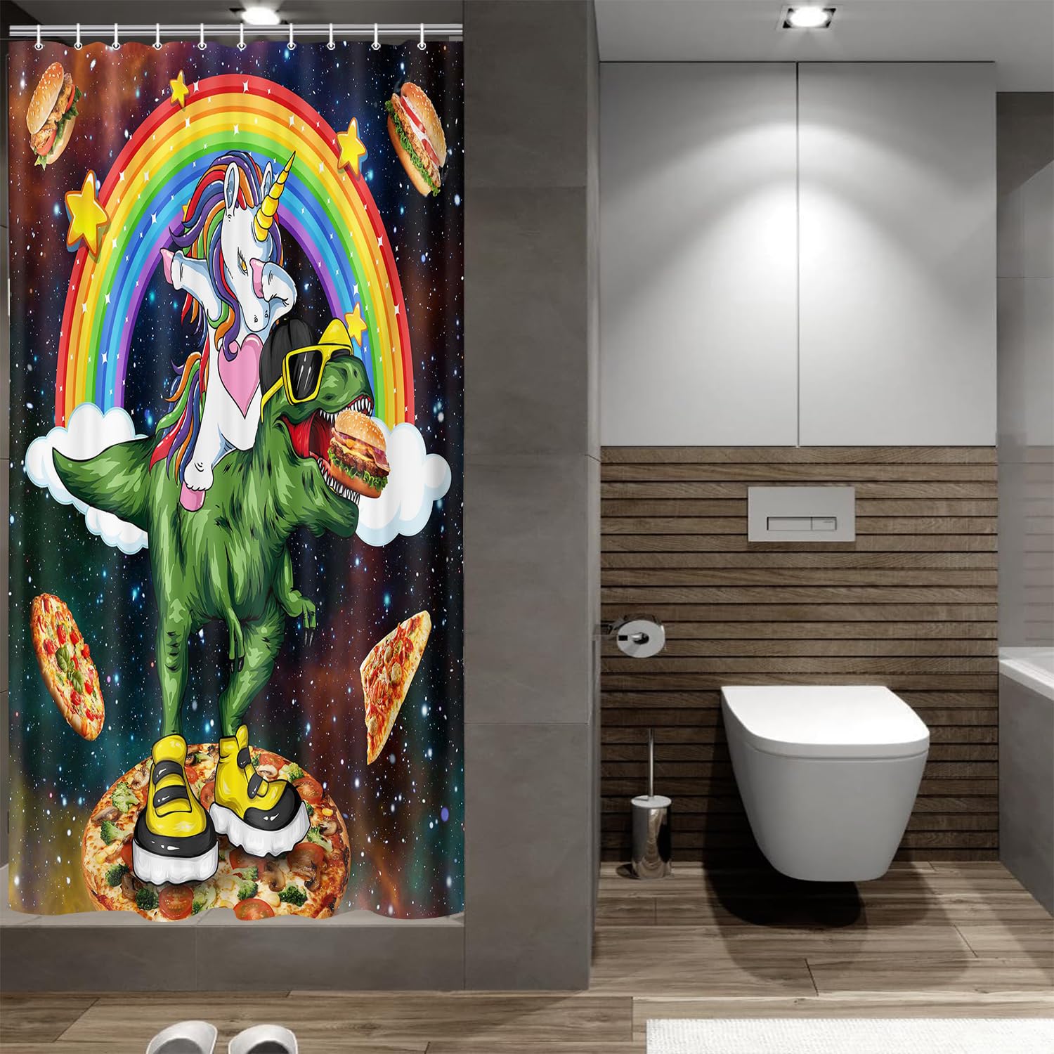 Fun Unicorn Riding Dinosaur Shower Curtain Set for Kids - Colorful Rainbow Fantasy Galaxy Space Design for Boys & Girls Bathroom Decor with Hooks - Perfect for Children's Bathroom, Playroom, or Nursery Decor
