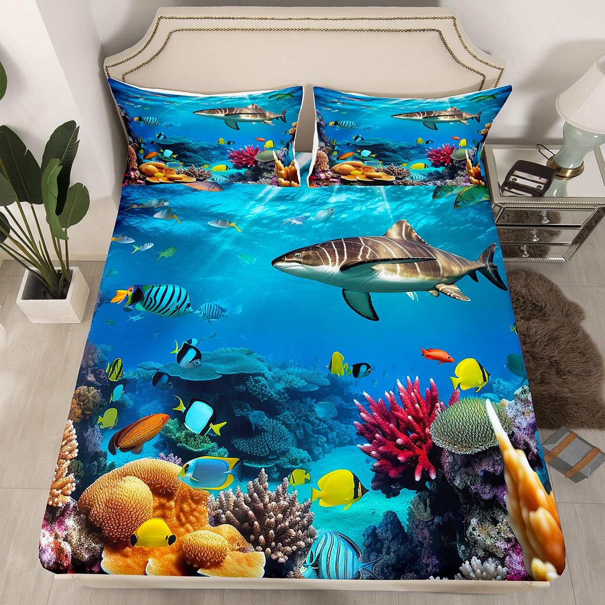 Feelyou 3D Sea Turtle Shark Ocean Animal Twin Bed Sheet Set for Kids - Soft Microfiber Boys Girls Marine Themed Bedding - Perfect for Underwater Themed Bedrooms & Kids Room Decor