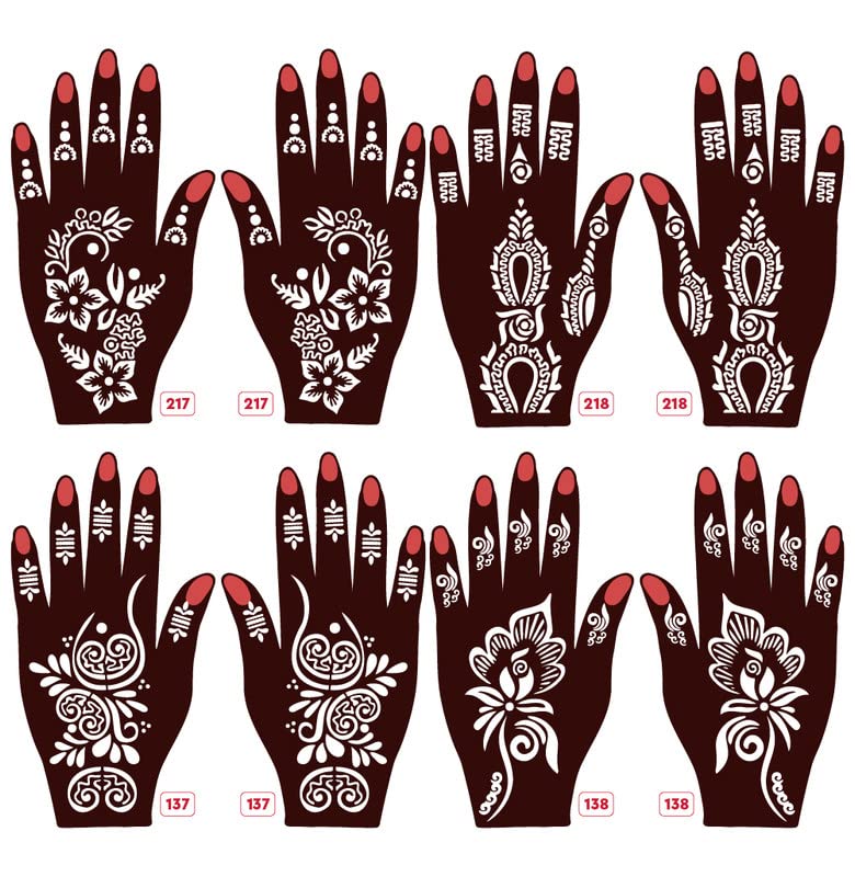 APCUTE Mehndi Stencil Paper Full Hand Set - 8 Pcs for Both Hands | Easy-to-Use Henna Tattoo Templates for Girls, Women & Kids | Trendy Mehandi Design Stickers (217-218-137-138) | Perfect for Weddings, Festivals & DIY Body Art