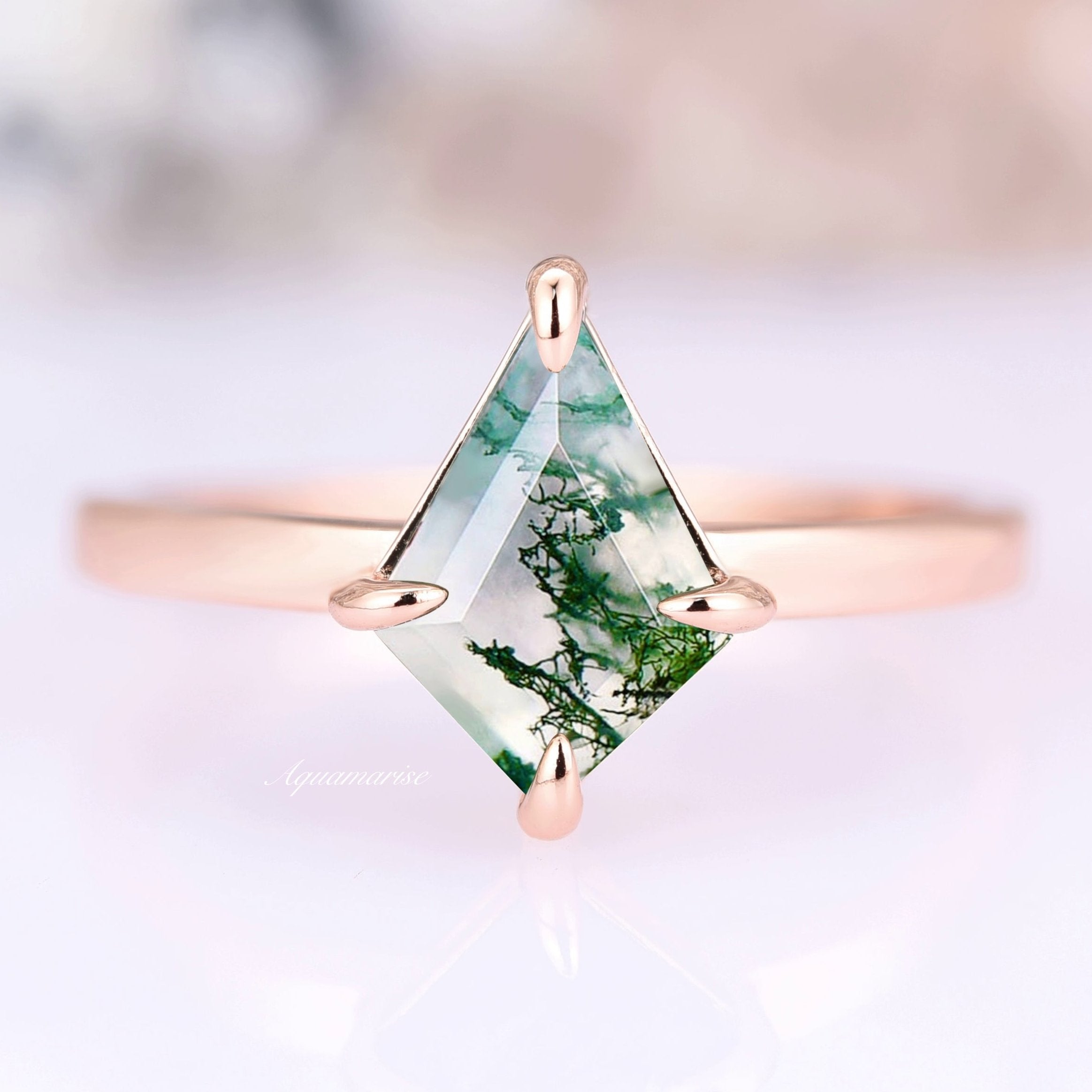 Minimalist Kite Green Moss Agate Ring - 14K Solid Rose Gold Jewelry for Women, Dainty Stackable Ring, Birthstone Gift for Her | Perfect for Everyday Wear, Special Occasions & Gift Giving
