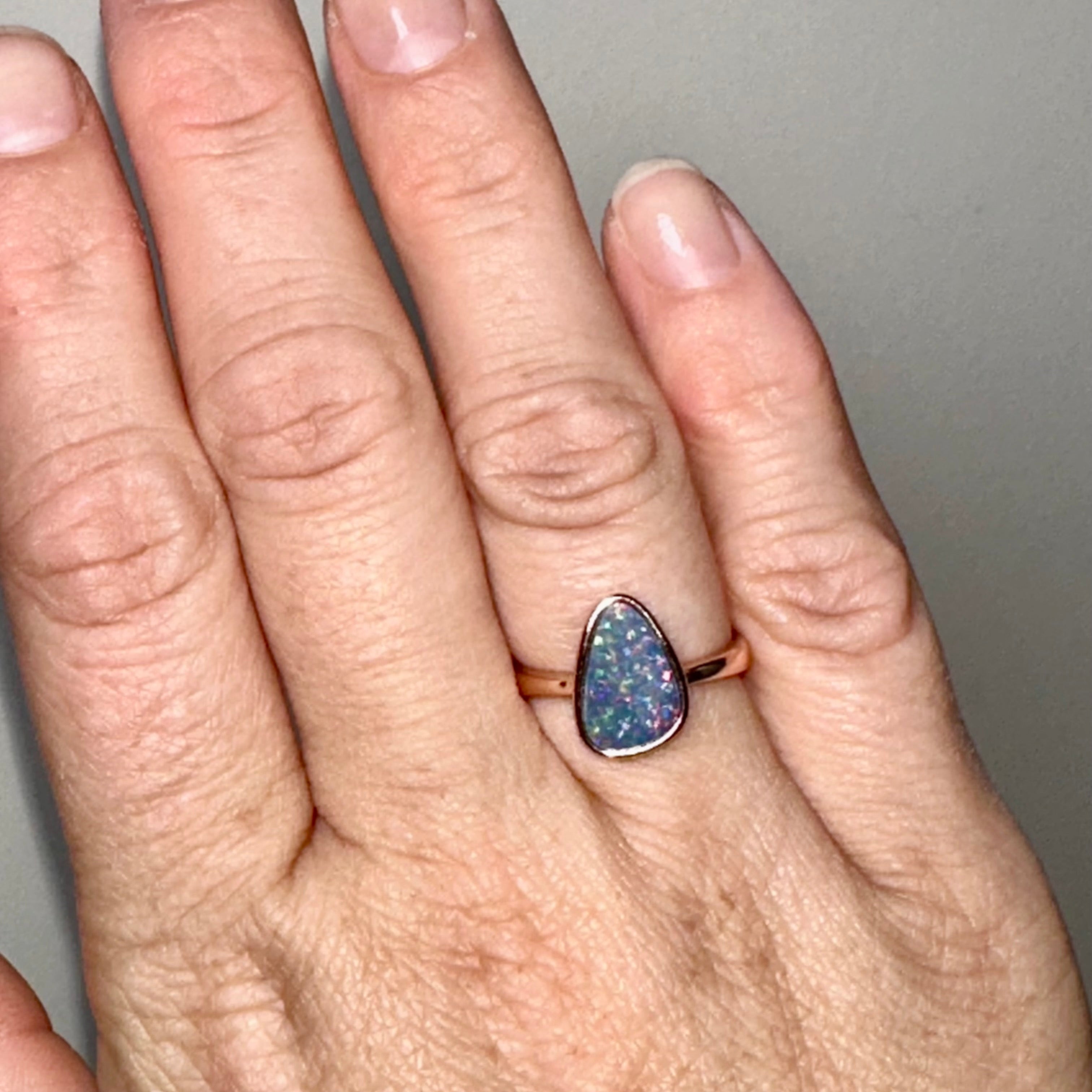 Opal Doublet Coober Pedy Freeform Cabochon Rose Gold Plated Ring Size 6.75 - Australian Opal Jewelry for Women, Elegant Gift for Birthday, Anniversary & Special Occasions