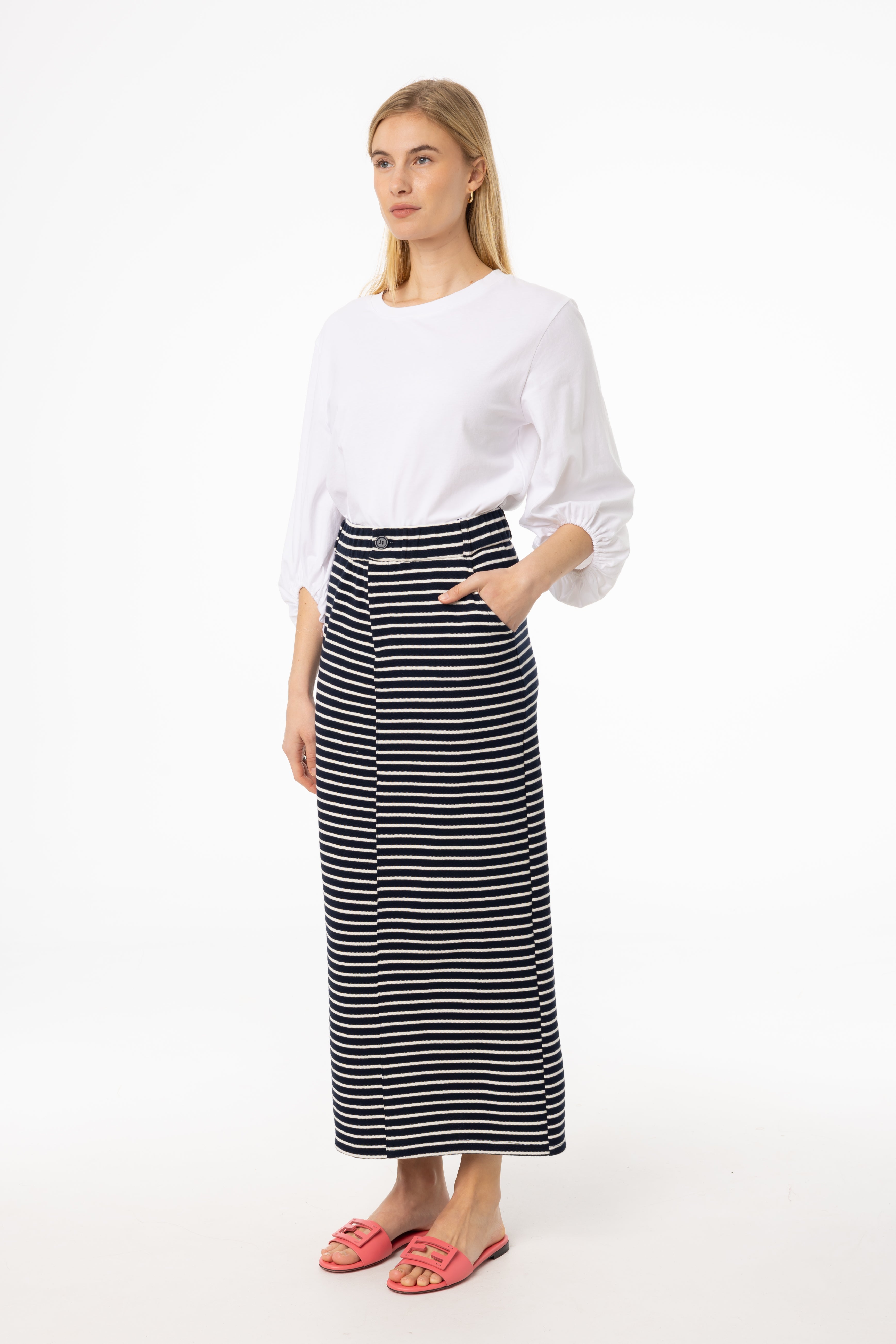 Navy Blue Striped Stretch Maxi Skirt for Women - Comfortable Long Flowy Skirt for Summer, Beach, Vacations & Casual Outings