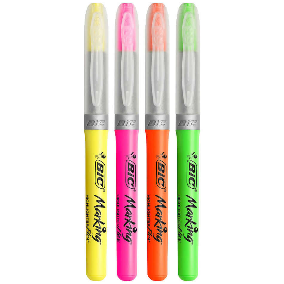 BIC Highlighter Flex Pen Set of 4 - Assorted Colors for Office, School & Study Notes - Perfect for Students, Teachers & Professionals